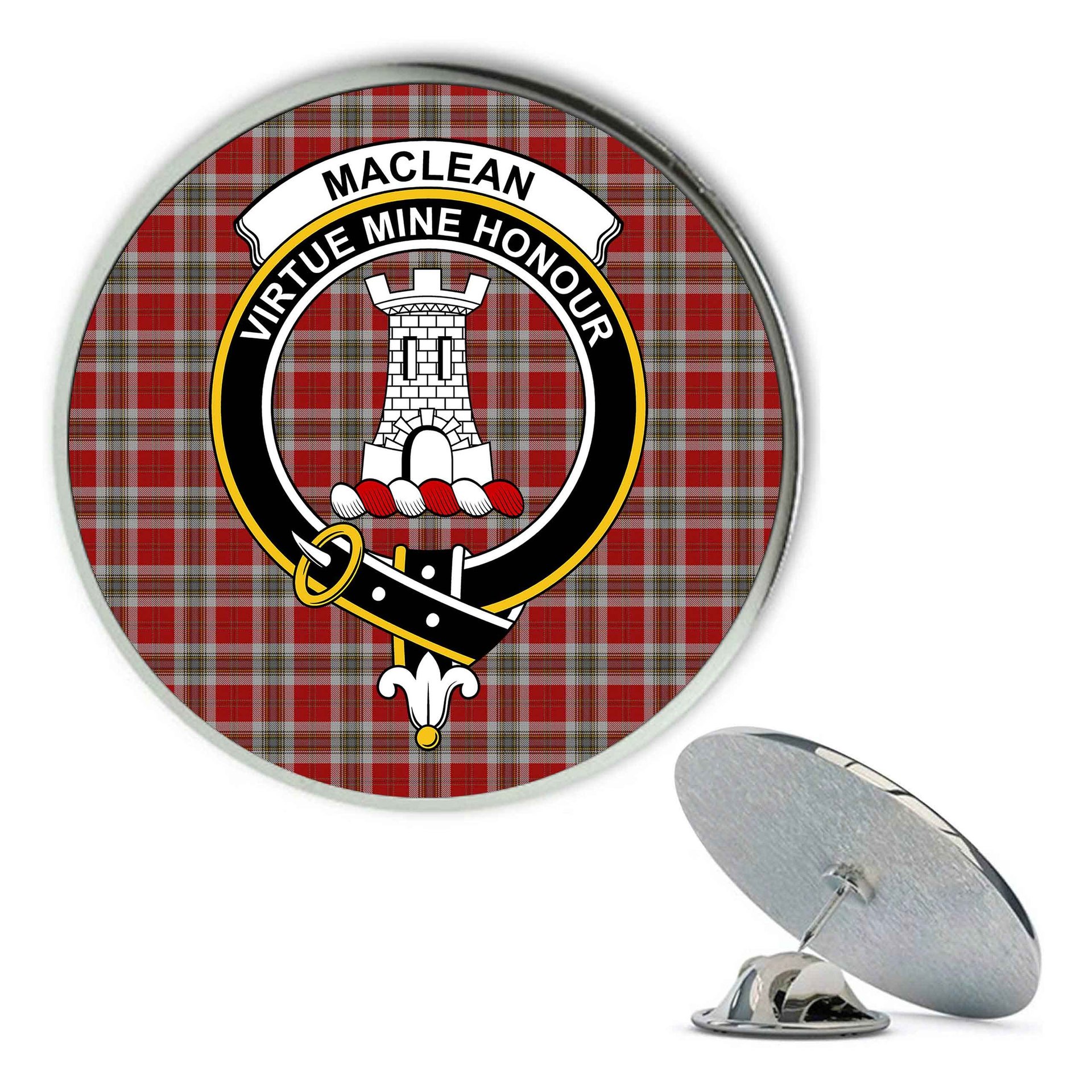 ScotsTee Shop Scottish MacLean of Duart Dress Red Metal Tartan Lapel Pin Scottish Clan Crest Badge