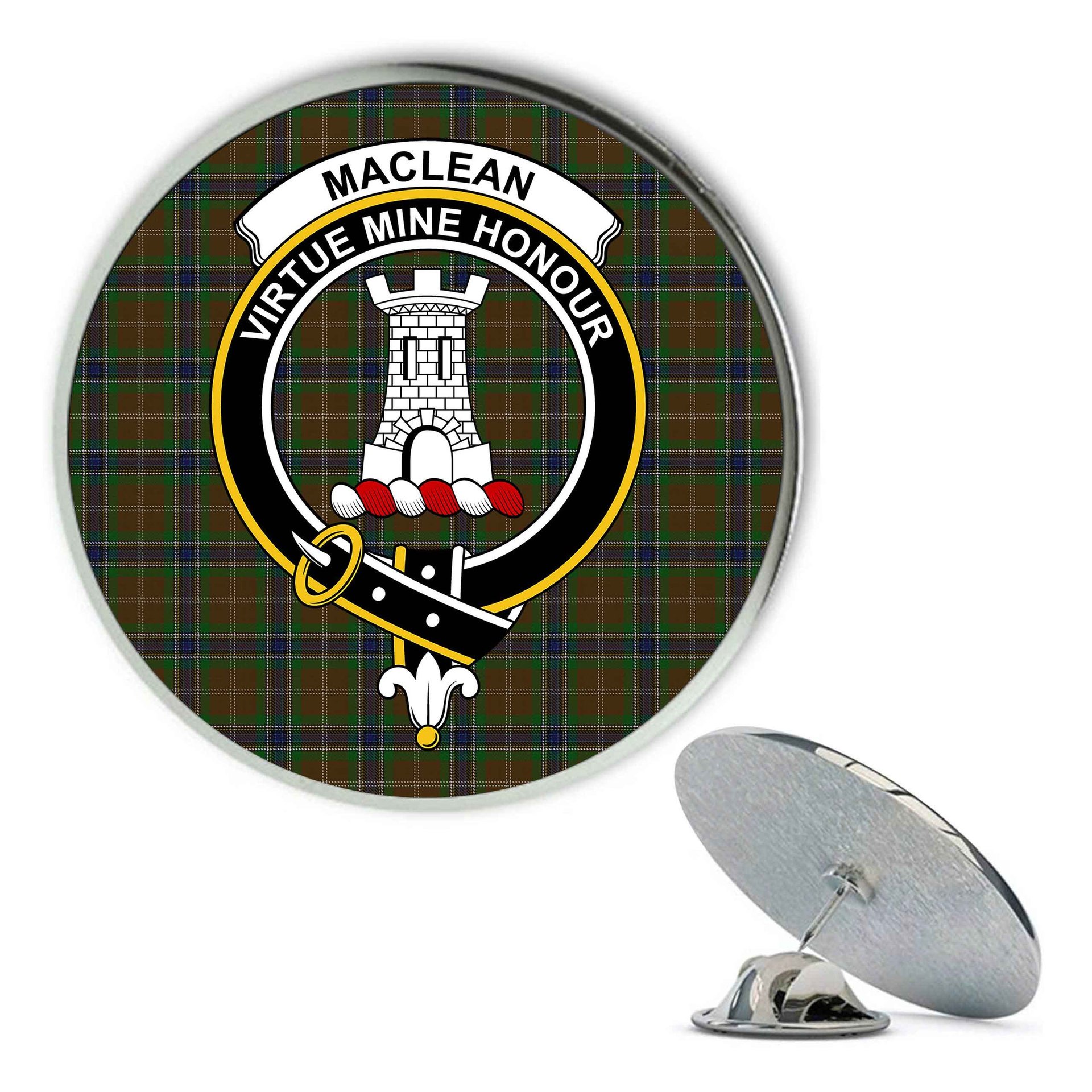 ScotsTee Shop Scottish MacLean of Kingairloch Metal Tartan Lapel Pin Scottish Clan Crest Badge