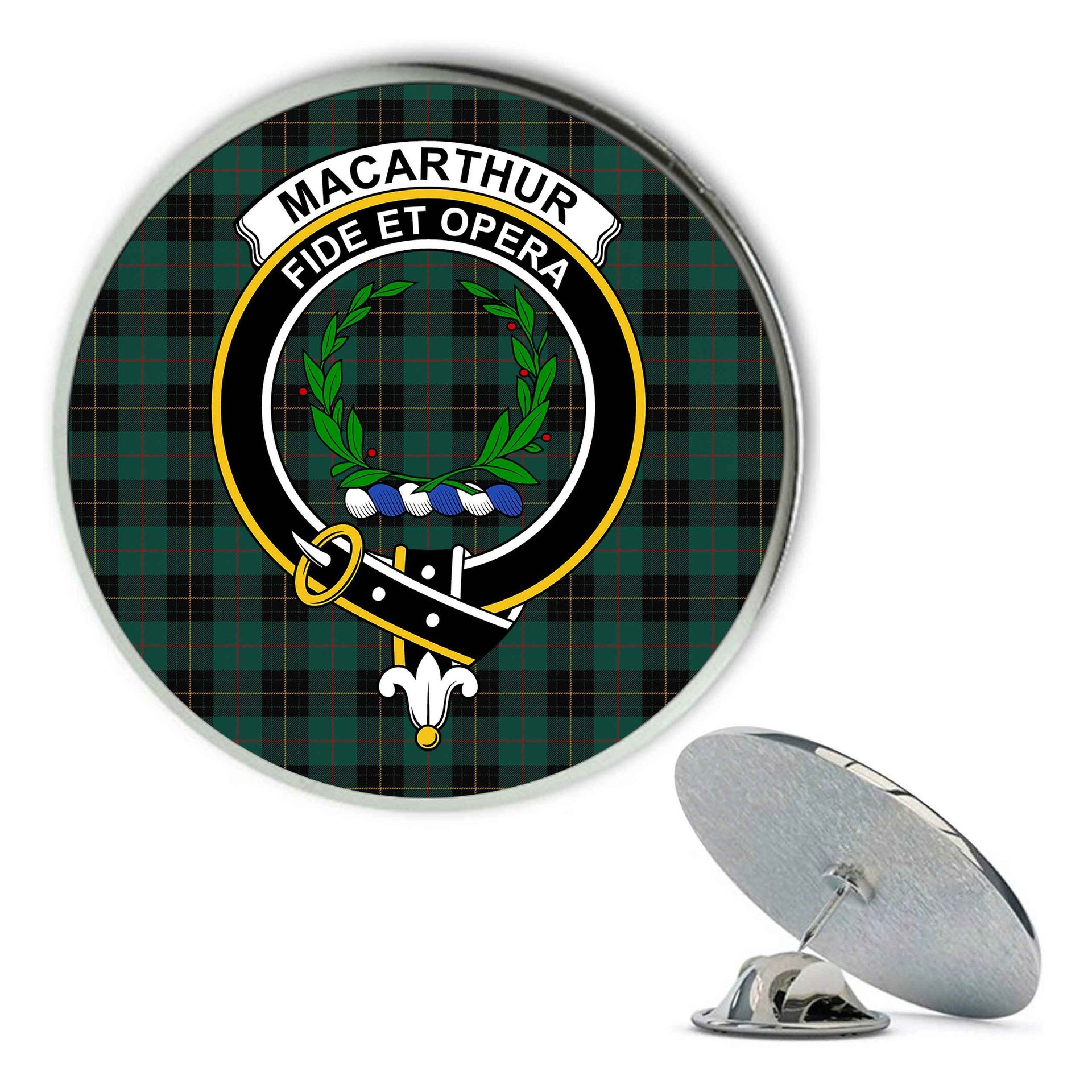 ScotsTee Shop Scottish MacArthur-Fox Hunting Modern Metal Tartan Lapel Pin Scottish Clan Crest Badge