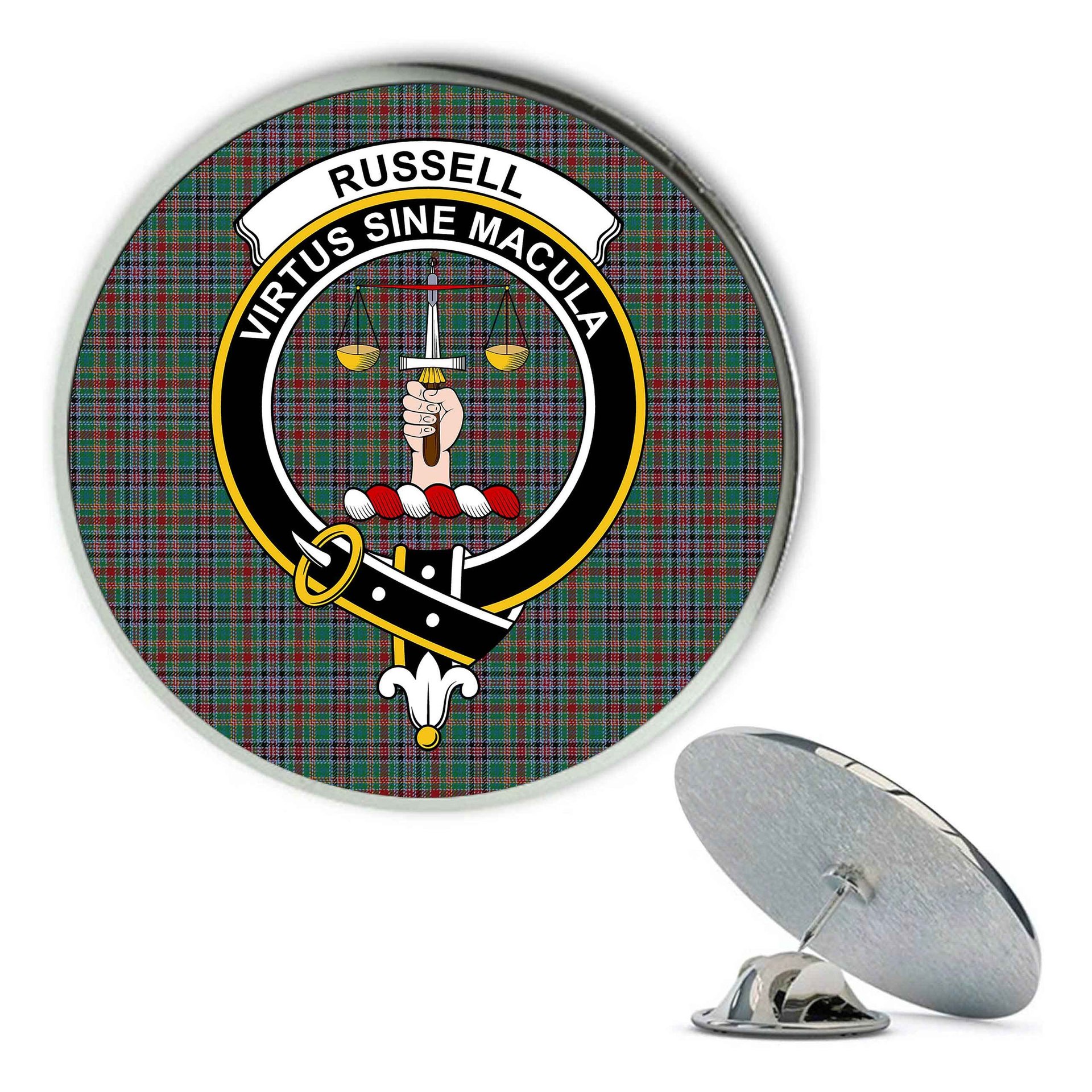 ScotsTee Shop Scottish Russell Old Ancient Metal Tartan Lapel Pin Scottish Clan Crest Badge