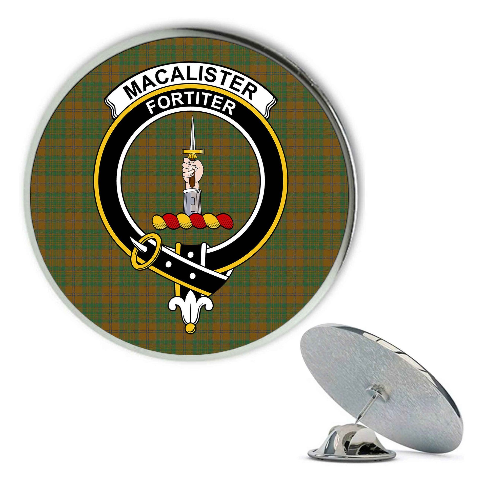 ScotsTee Shop Scottish MacAlister of Glenbarr Hunting Modern Metal Tartan Lapel Pin Scottish Clan Crest Badge