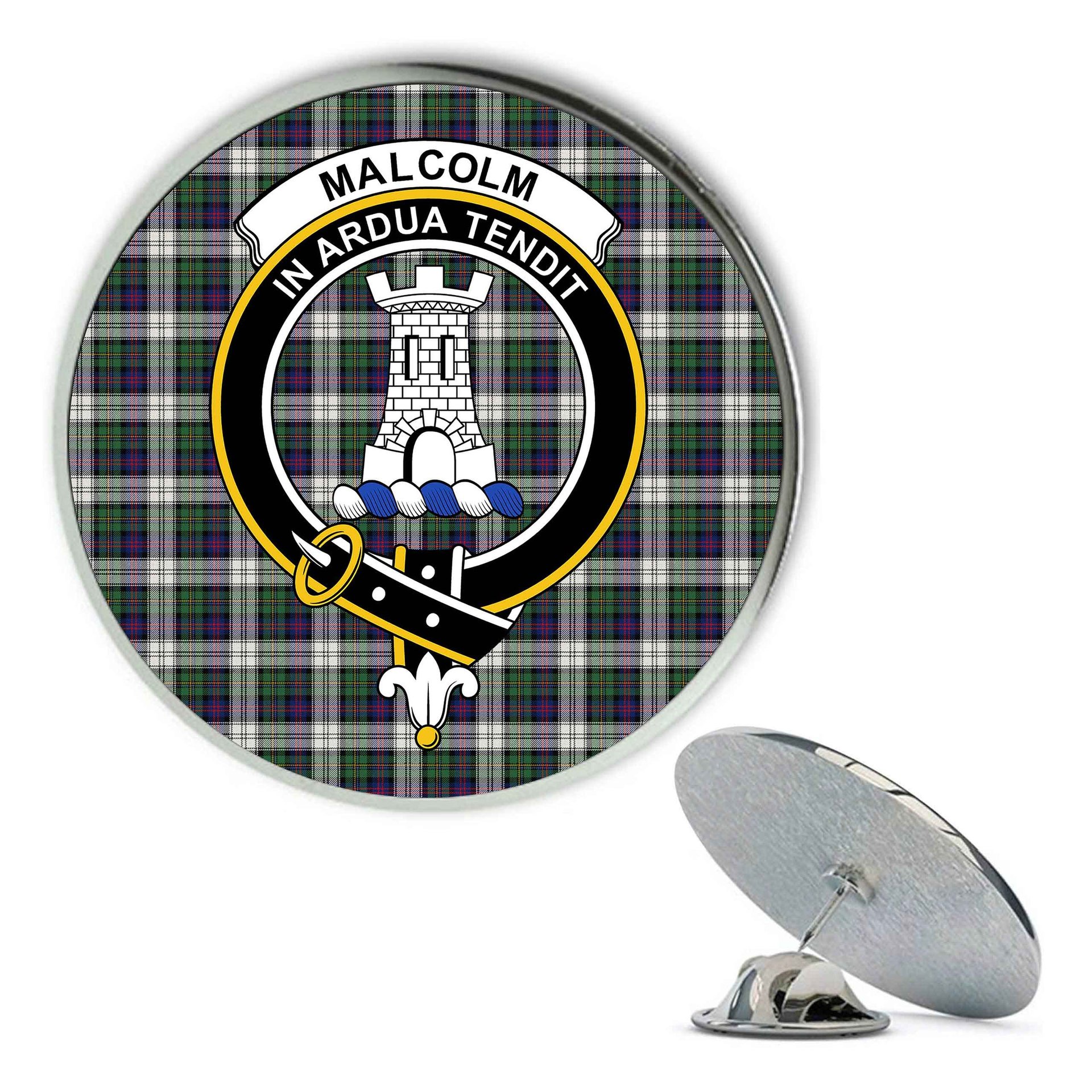 ScotsTee Shop Scottish Malcolm Dress Modern Metal Tartan Lapel Pin Scottish Clan Crest Badge
