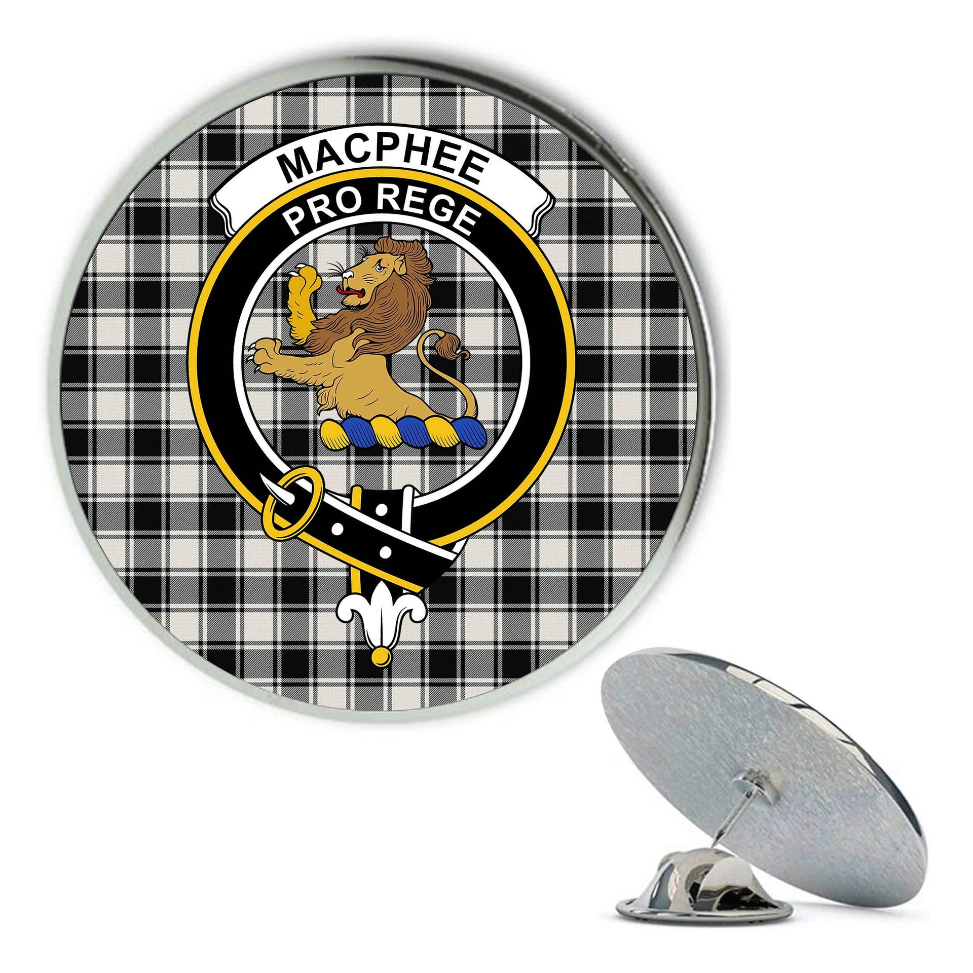 ScotsTee Shop Scottish MacPhee B&W Ancient Metal Tartan Lapel Pin Scottish Clan Crest Badge