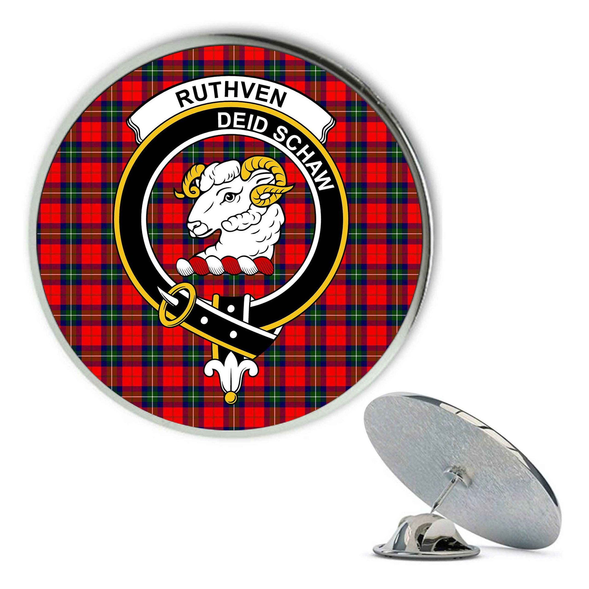 ScotsTee Shop Scottish Ruthven Modern Metal Tartan Lapel Pin Scottish Clan Crest Badge