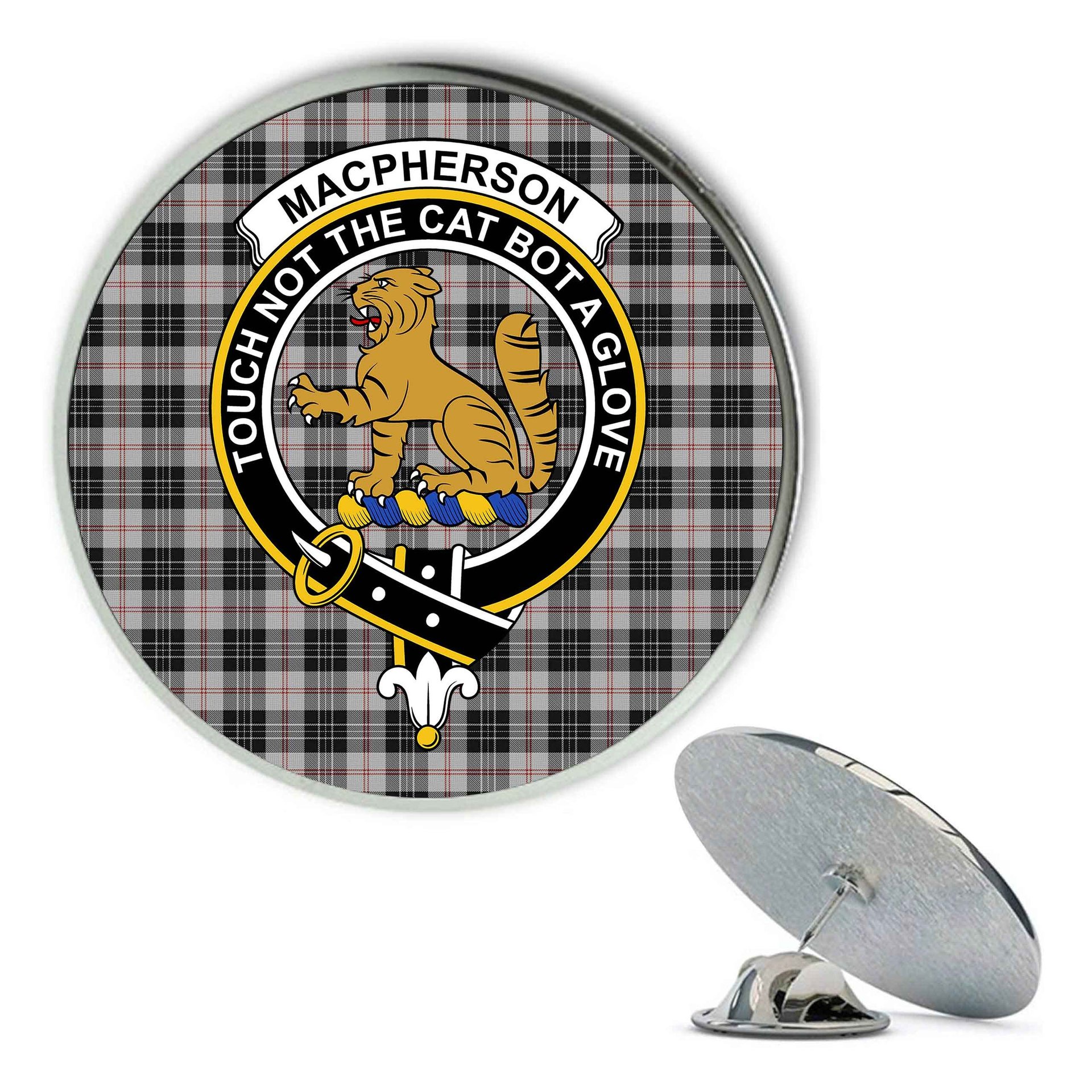 ScotsTee Shop Scottish MacPherson of Cluny Black and White Metal Tartan Lapel Pin Scottish Clan Crest Badge