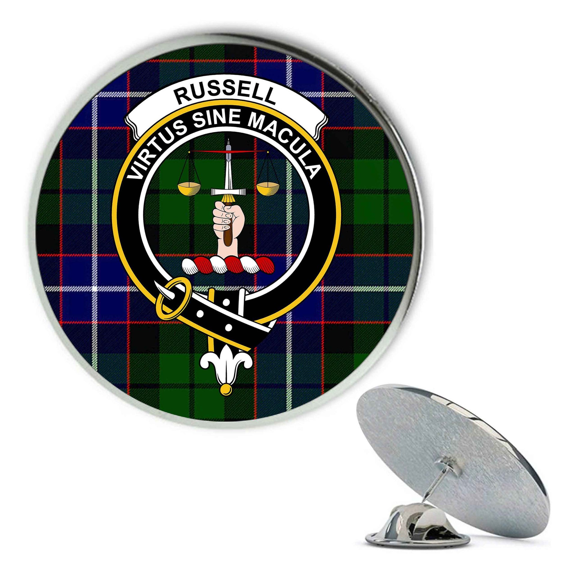 ScotsTee Shop Scottish Russell SC Metal Tartan Lapel Pin Scottish Clan Crest Badge