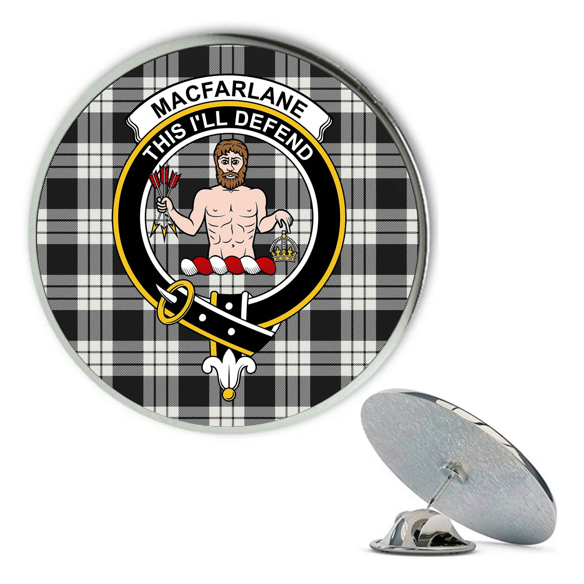 ScotsTee Shop Scottish MacFarlane Black White Metal Tartan Lapel Pin Scottish Clan Crest Badge
