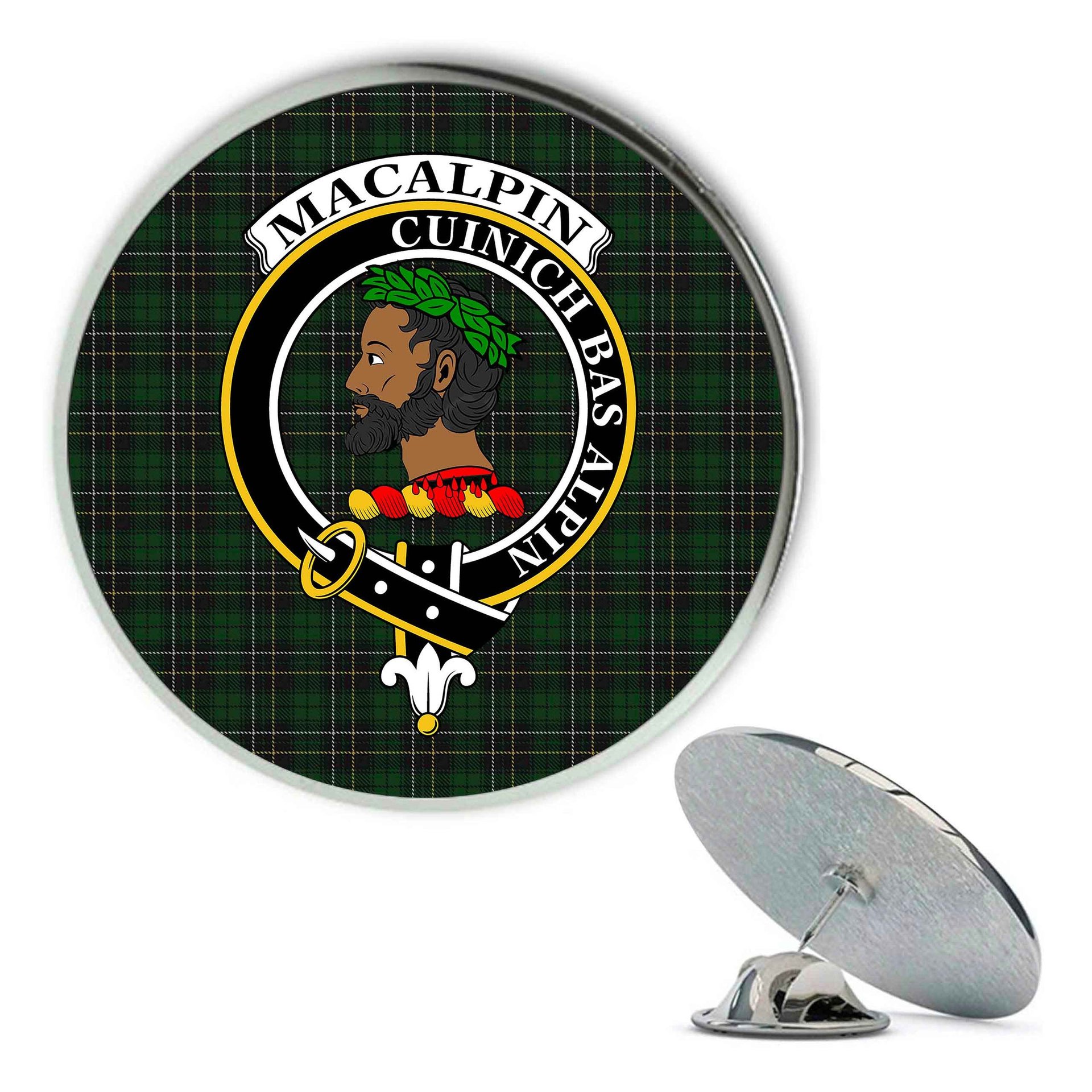 ScotsTee Shop Scottish MacAlpine Metal Tartan Lapel Pin Scottish Clan Crest Badge