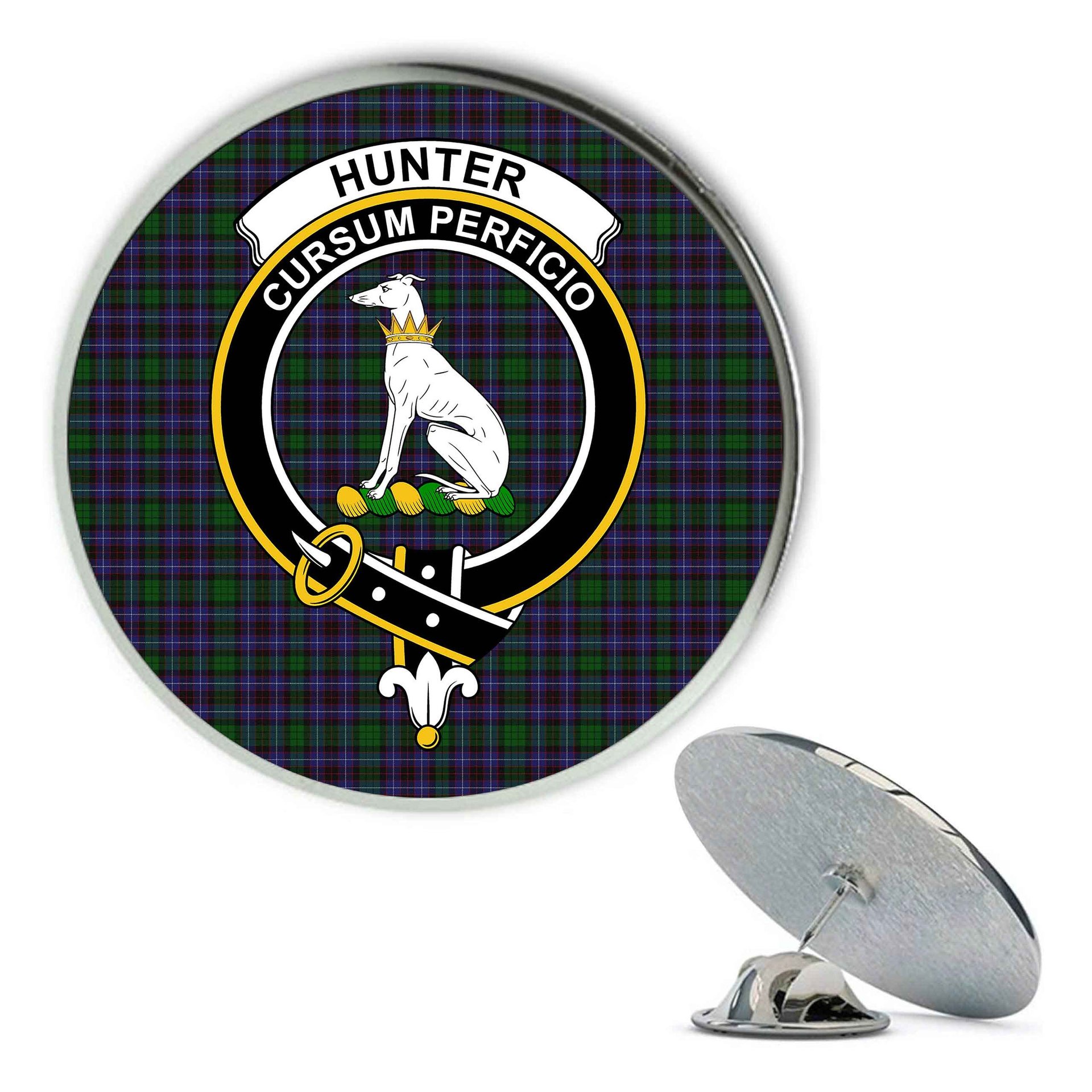 ScotsTee Shop Scottish Hunter of Peebleshire Metal Tartan Lapel Pin Scottish Clan Crest Badge