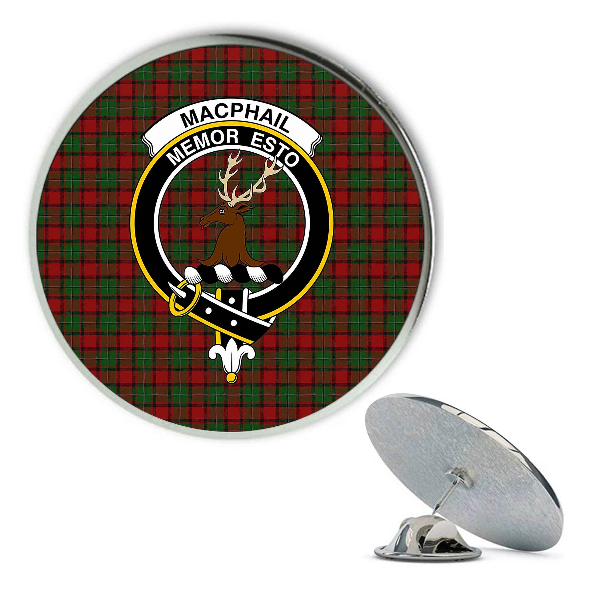 ScotsTee Shop Scottish MacPhail Metal Tartan Lapel Pin Scottish Clan Crest Badge