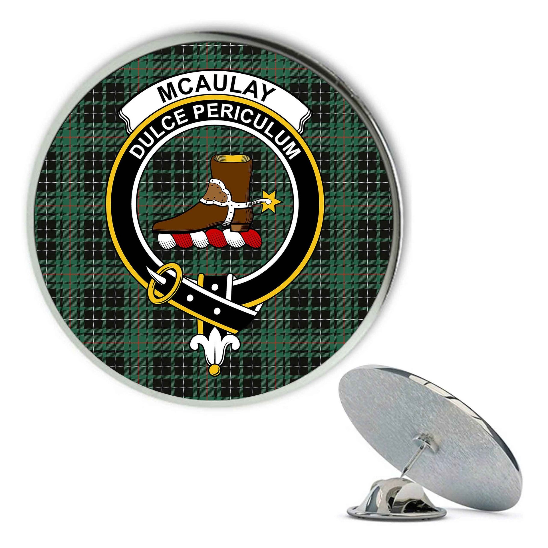 ScotsTee Shop Scottish McAulay Hunting Ancient Metal Tartan Lapel Pin Scottish Clan Crest Badge