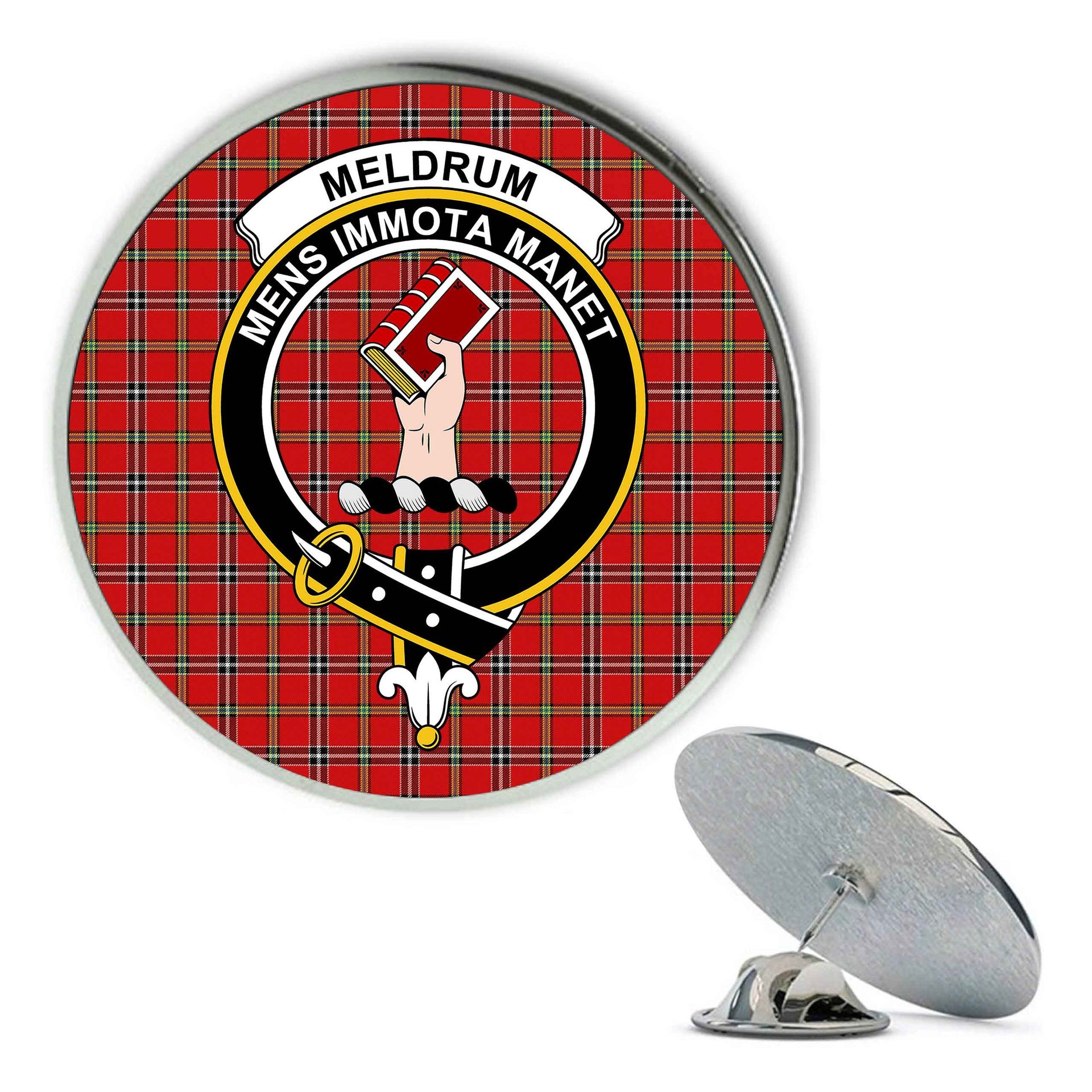 ScotsTee Shop Scottish Meldrum Dress Modern Metal Tartan Lapel Pin Scottish Clan Crest Badge