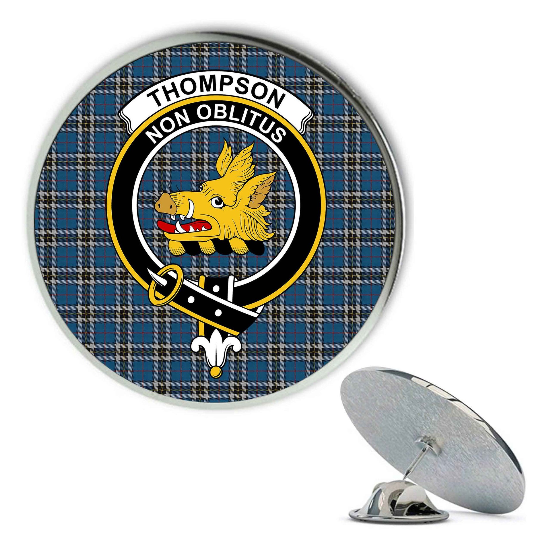 ScotsTee Shop Scottish Thompson Society Dress Blue Metal Tartan Lapel Pin Scottish Clan Crest Badge