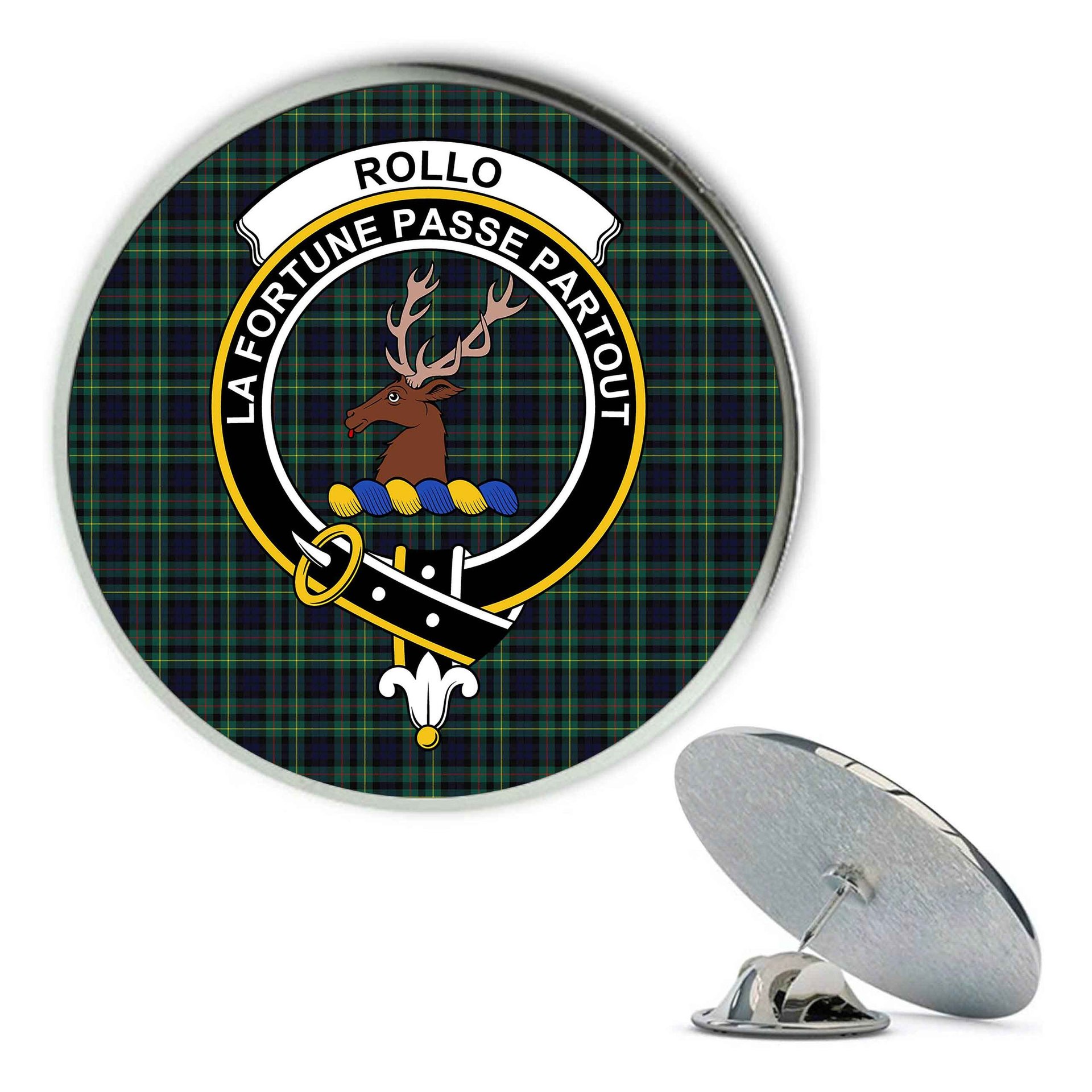 ScotsTee Shop Scottish Rollo Modern Metal Tartan Lapel Pin Scottish Clan Crest Badge