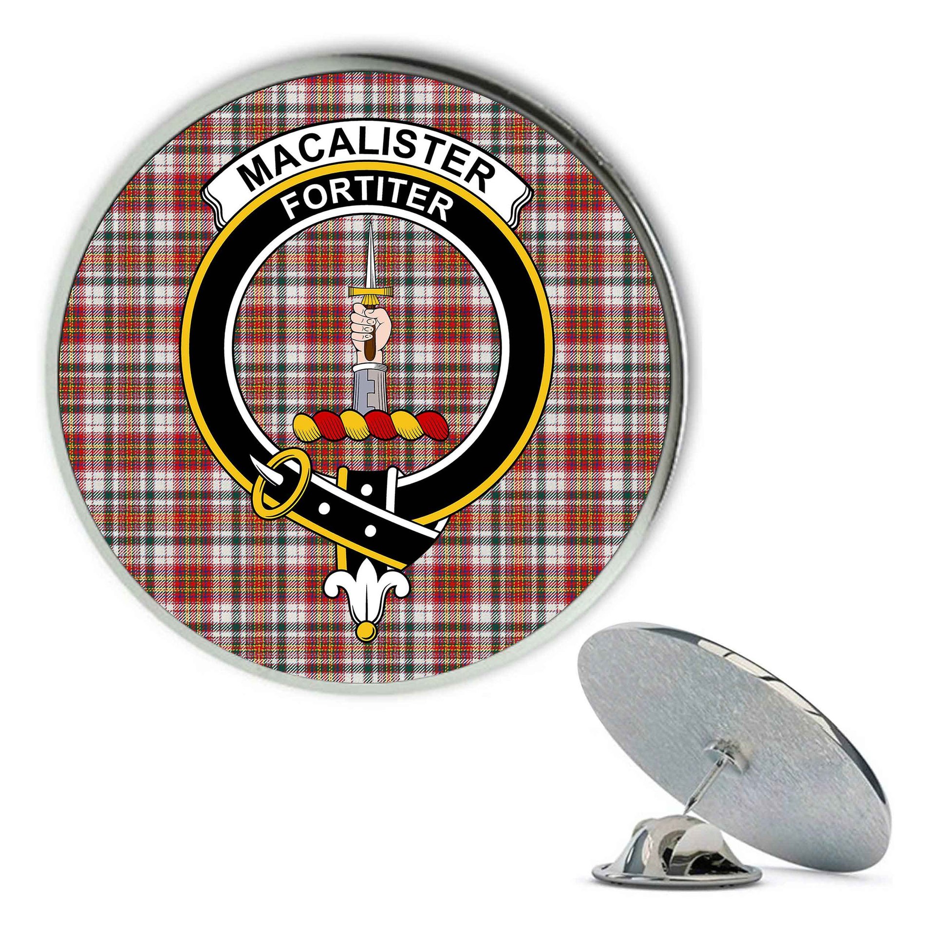 ScotsTee Shop Scottish MacAlister Dress Modern Metal Tartan Lapel Pin Scottish Clan Crest Badge