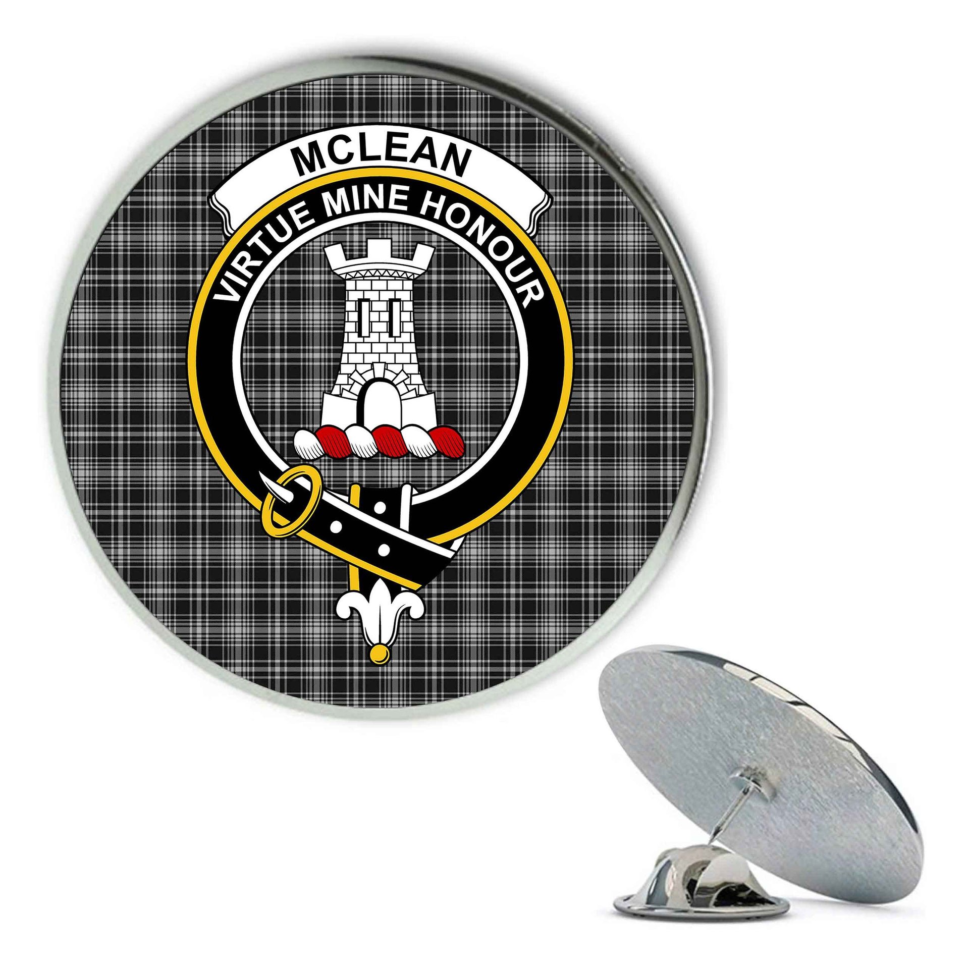 ScotsTee Shop Scottish McLean Black and White Metal Tartan Lapel Pin Scottish Clan Crest Badge