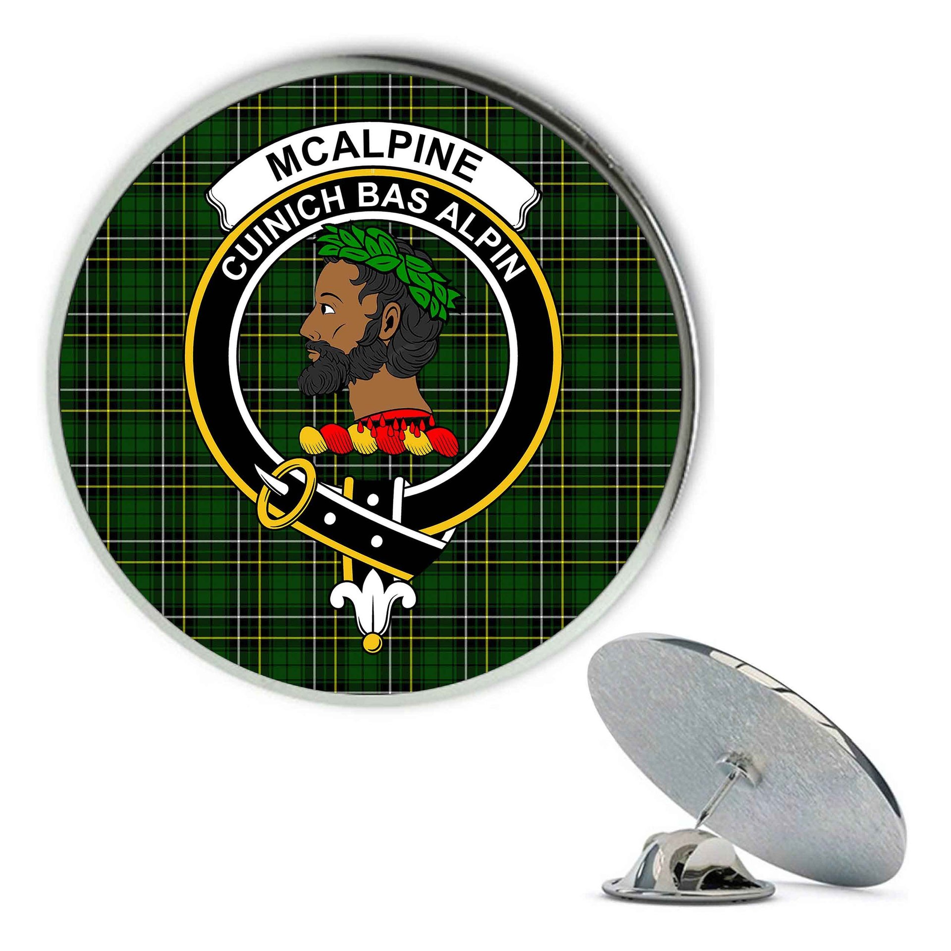 ScotsTee Shop Scottish McAlpine Modern Metal Tartan Lapel Pin Scottish Clan Crest Badge