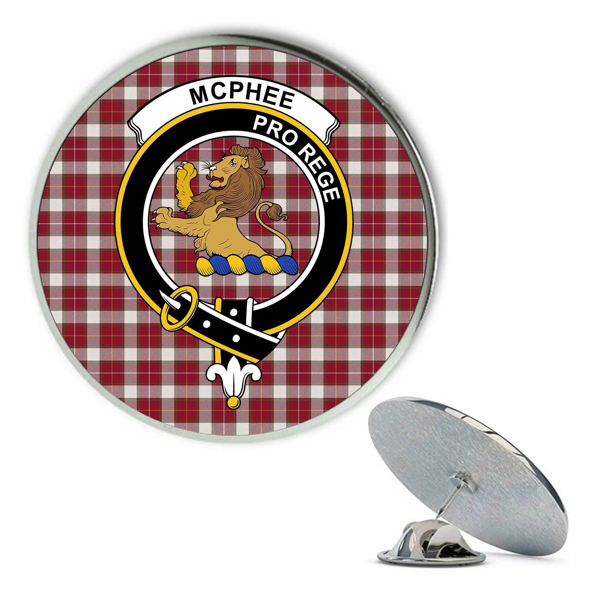 ScotsTee Shop Scottish McPhee Dress Modern Metal Tartan Lapel Pin Scottish Clan Crest Badge