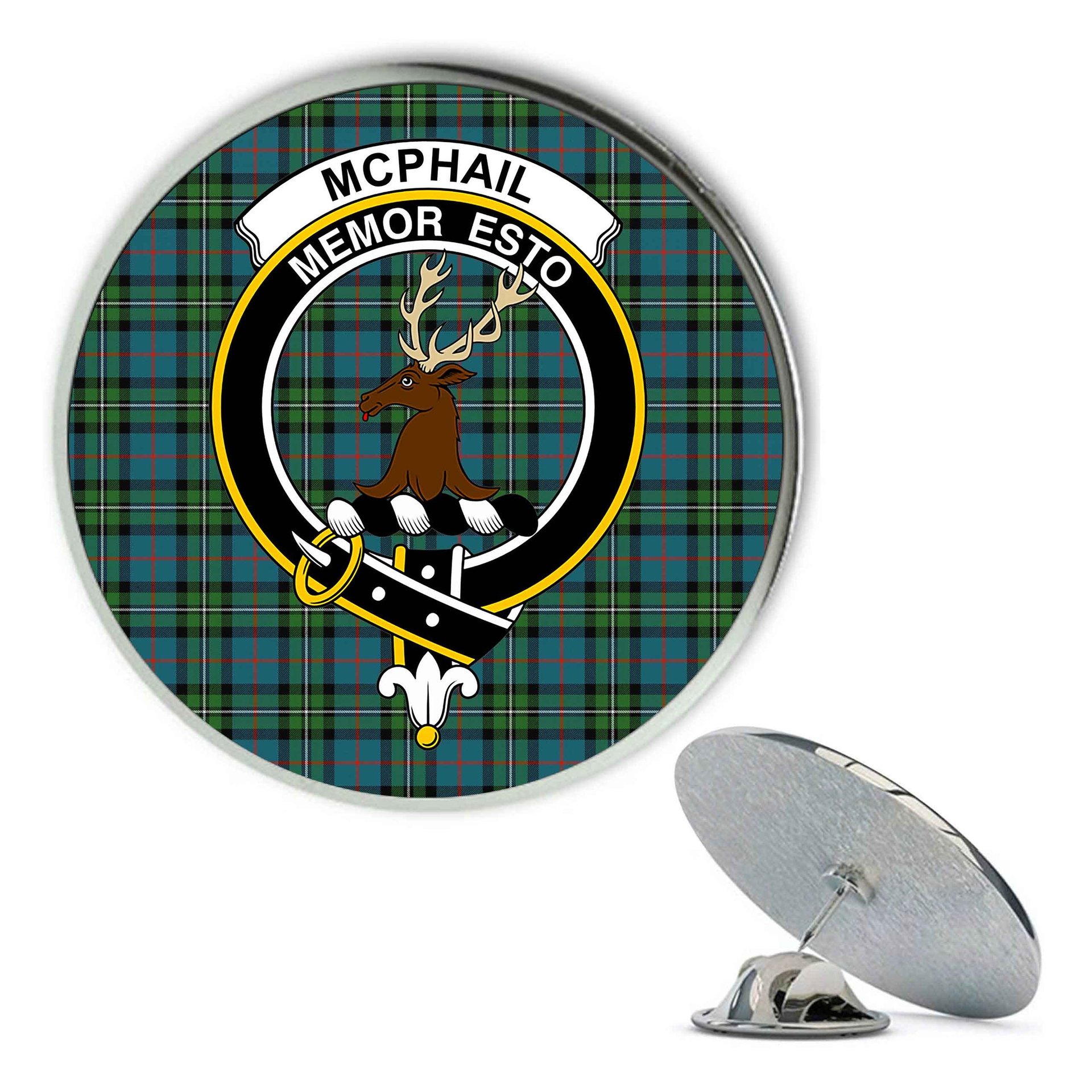 ScotsTee Shop Scottish McPhail Hunting Ancient Metal Tartan Lapel Pin Scottish Clan Crest Badge