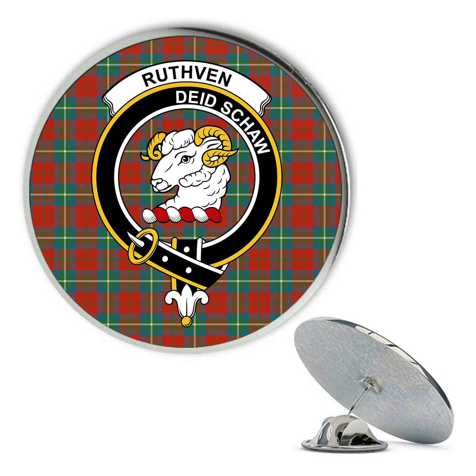 ScotsTee Shop Scottish Ruthven Ancient Metal Tartan Lapel Pin Scottish Clan Crest Badge