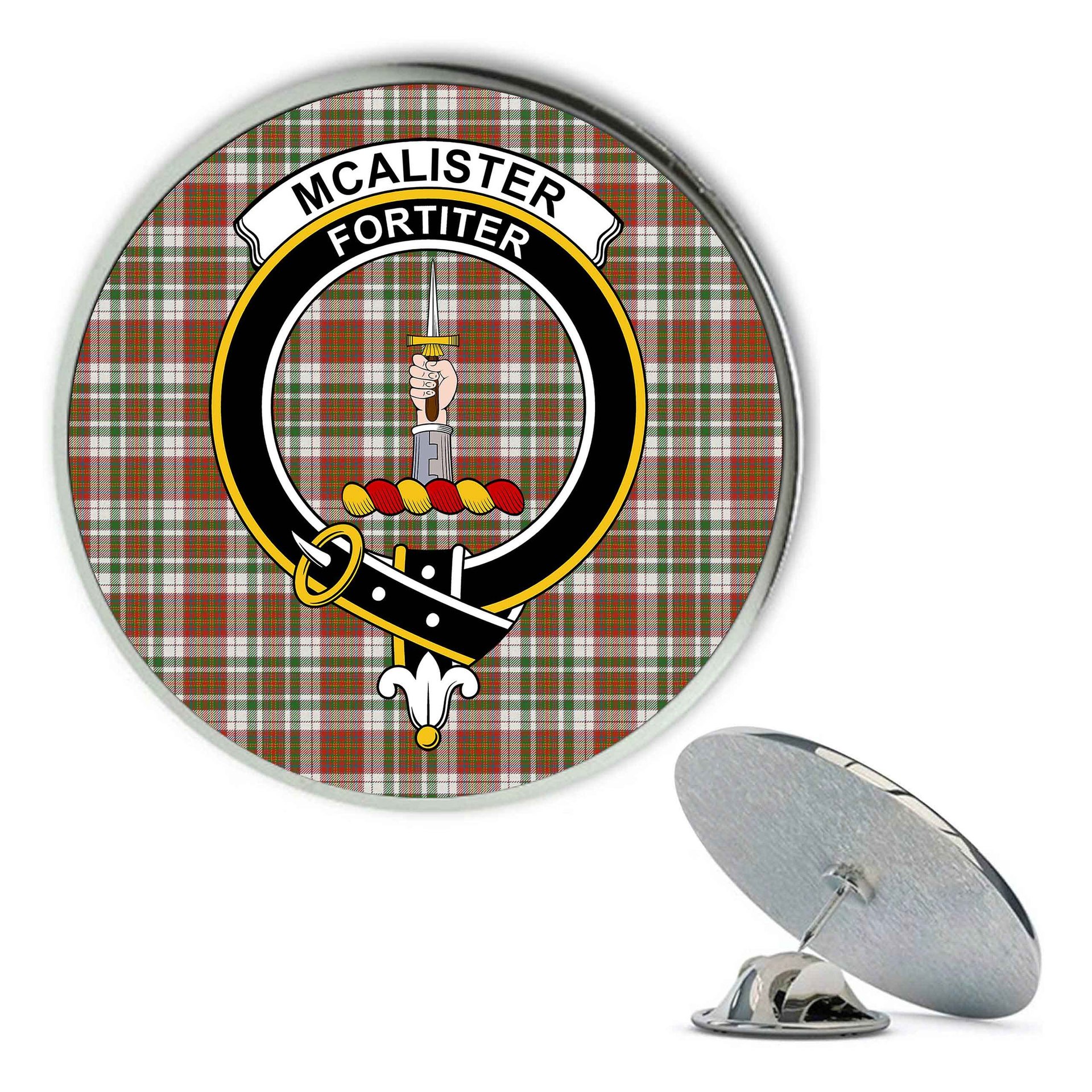 ScotsTee Shop Scottish McAlister Dress Ancient Metal Tartan Lapel Pin Scottish Clan Crest Badge