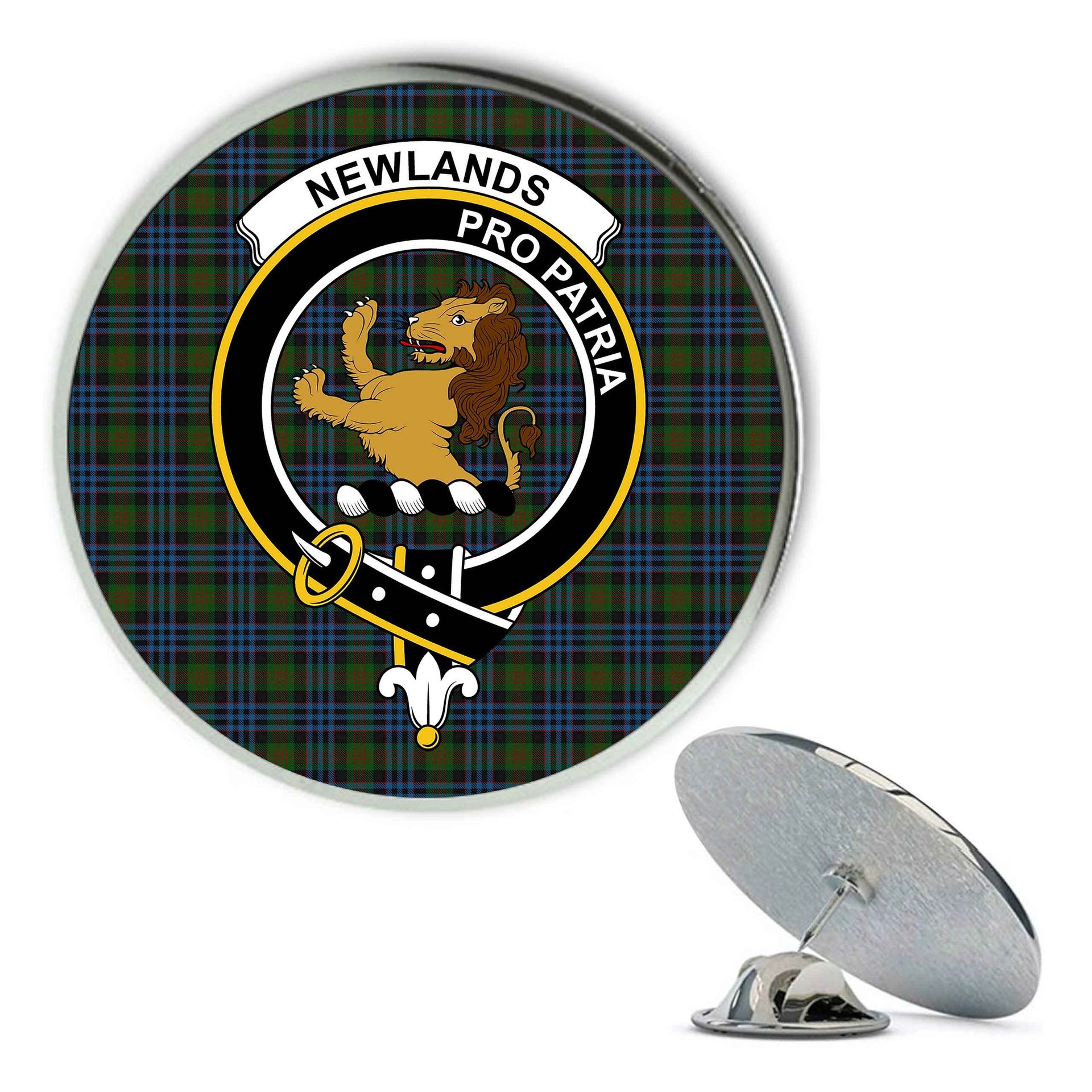 ScotsTee Shop Scottish Newlands of Lauriston Metal Tartan Lapel Pin Scottish Clan Crest Badge