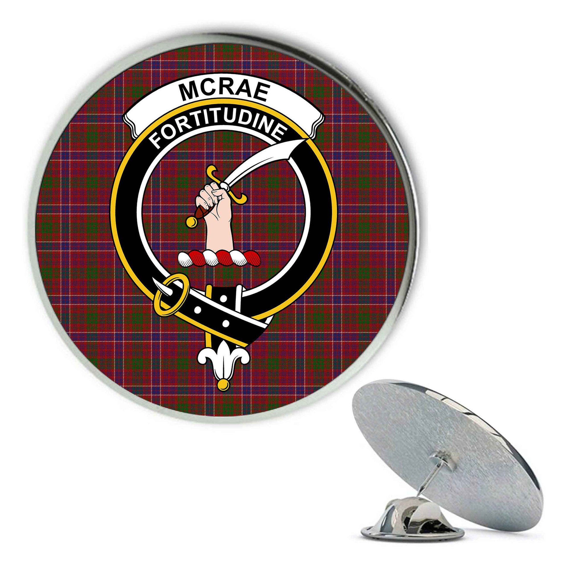 ScotsTee Shop Scottish McRae Red Metal Tartan Lapel Pin Scottish Clan Crest Badge