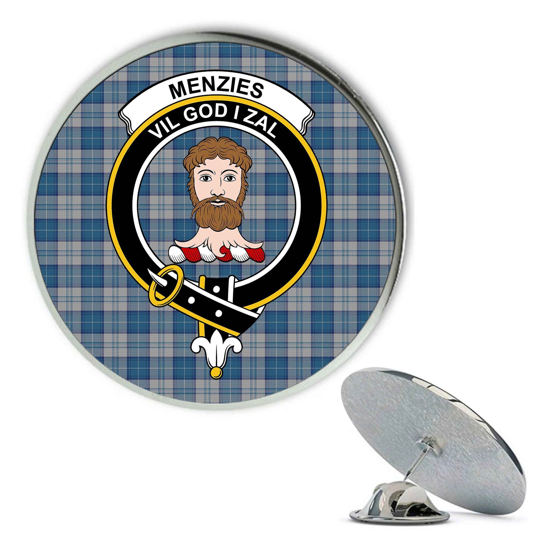 ScotsTee Shop Scottish Menzies Dress Blue and White Metal Tartan Lapel Pin Scottish Clan Crest Badge