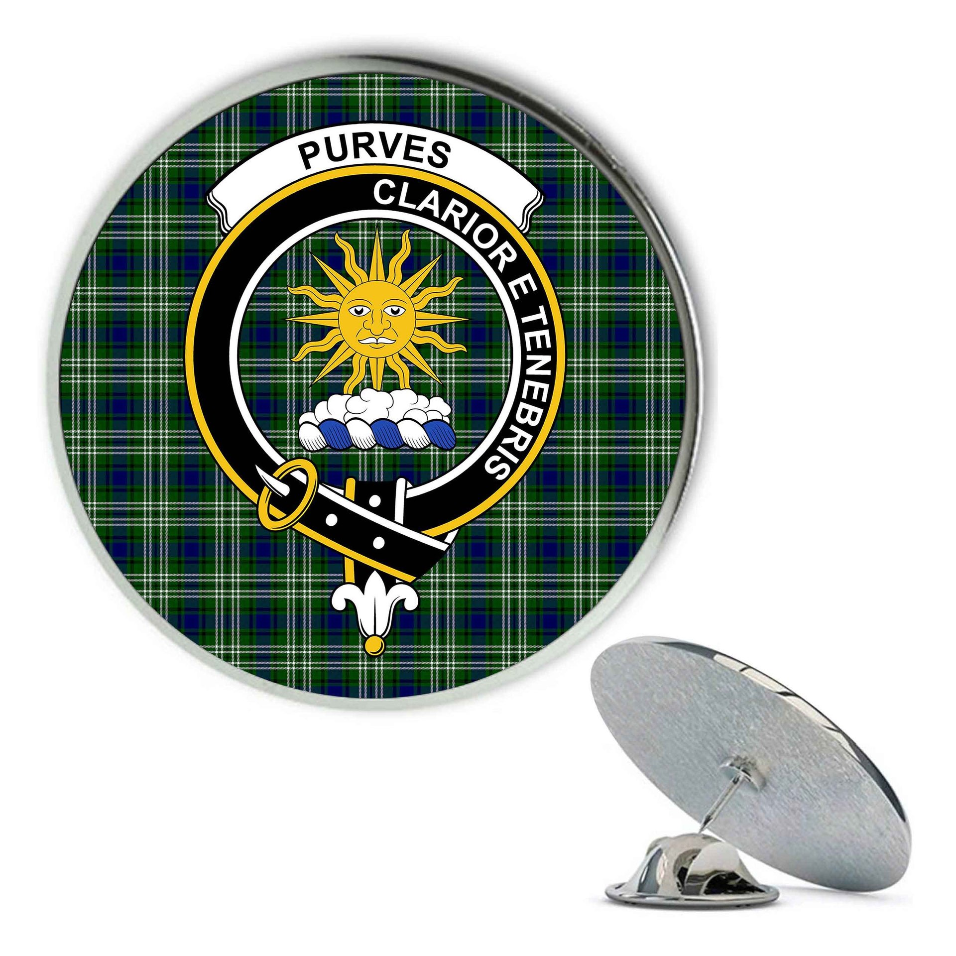 ScotsTee Shop Scottish Purves Metal Tartan Lapel Pin Scottish Clan Crest Badge