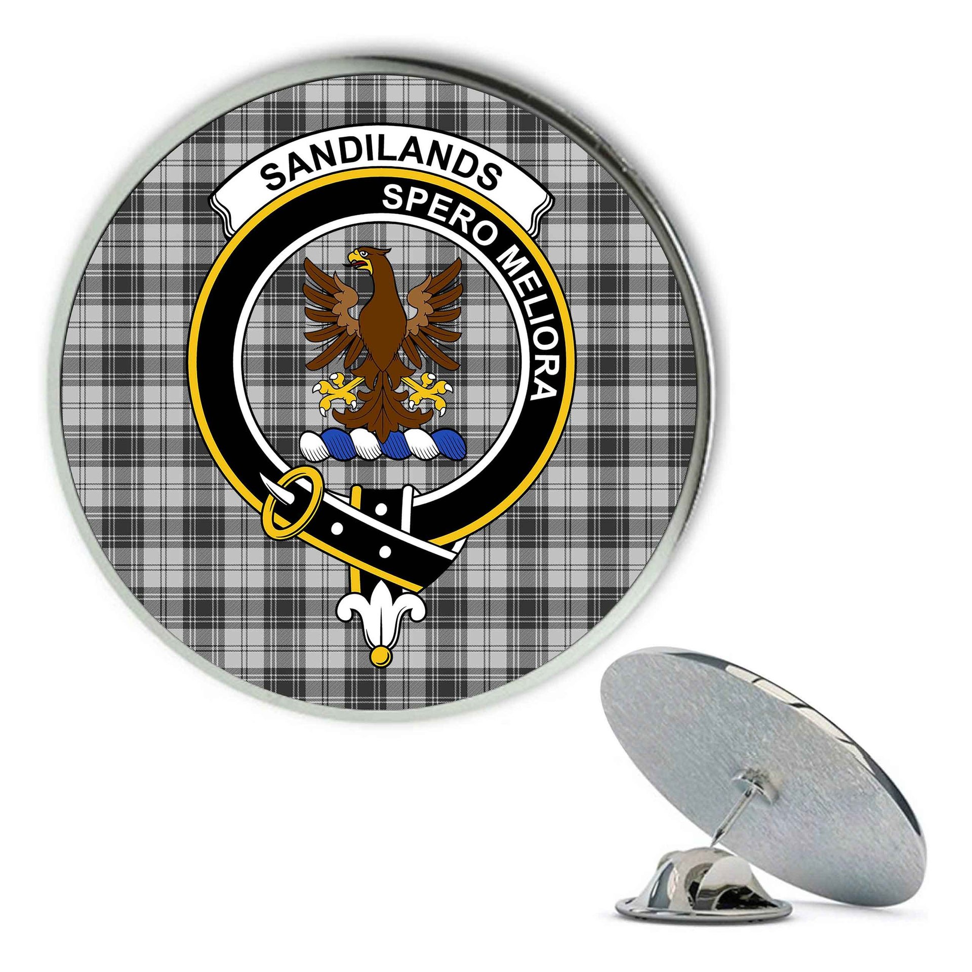 ScotsTee Shop Scottish Sandilands Grey Metal Tartan Lapel Pin Scottish Clan Crest Badge