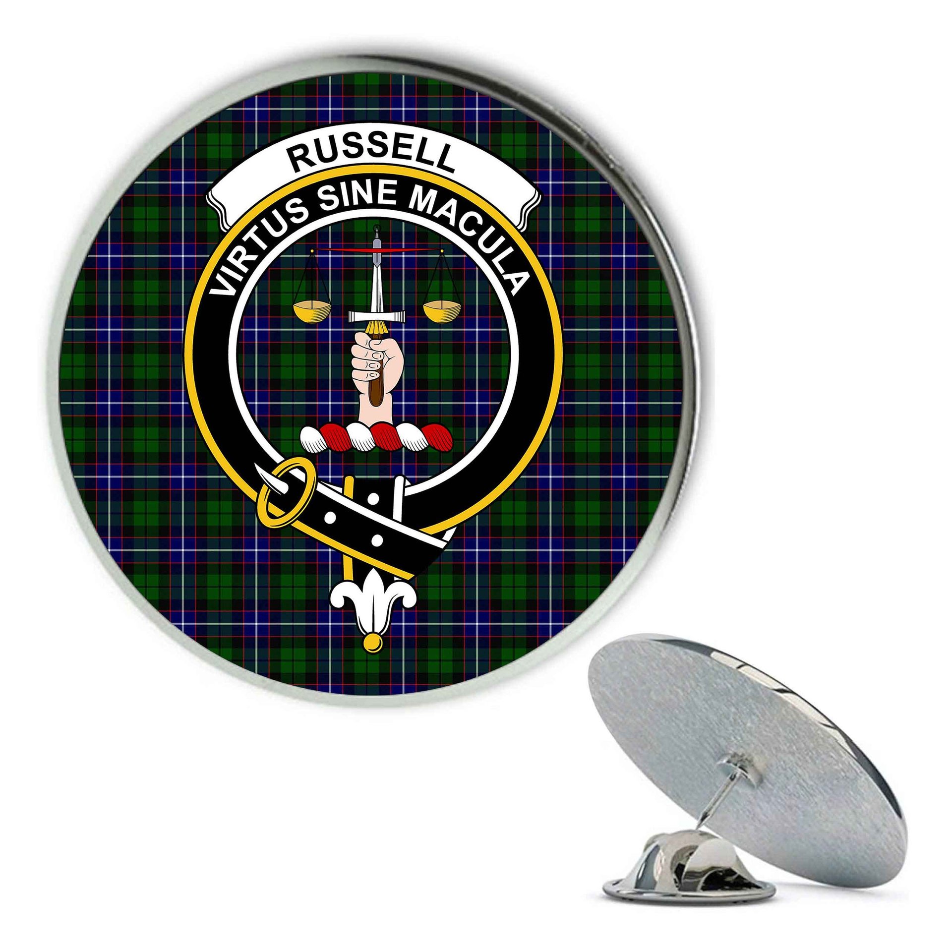 ScotsTee Shop Scottish Russell Modern Metal Tartan Lapel Pin Scottish Clan Crest Badge