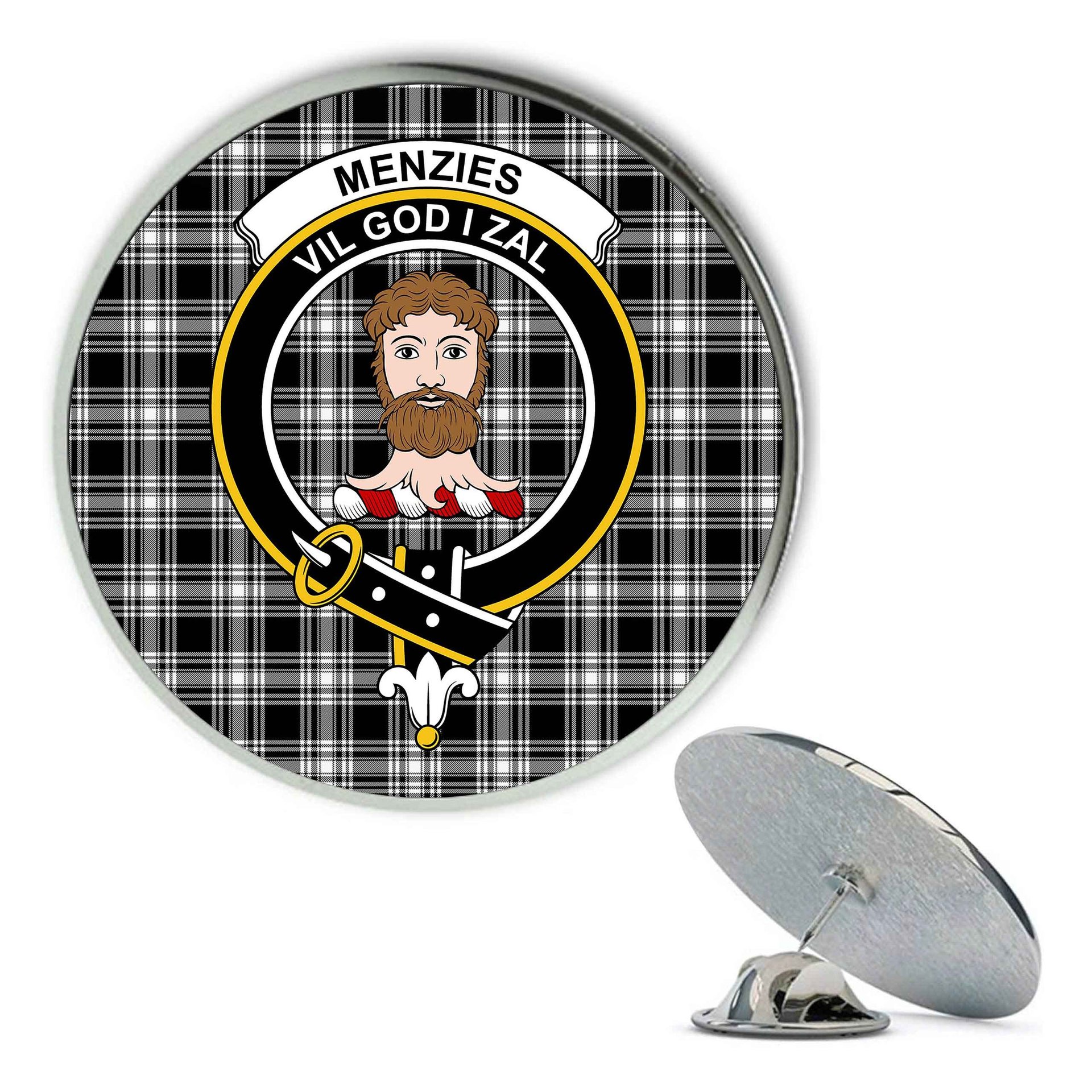 ScotsTee Shop Scottish Menzies Black & White Modern Metal Tartan Lapel Pin Scottish Clan Crest Badge