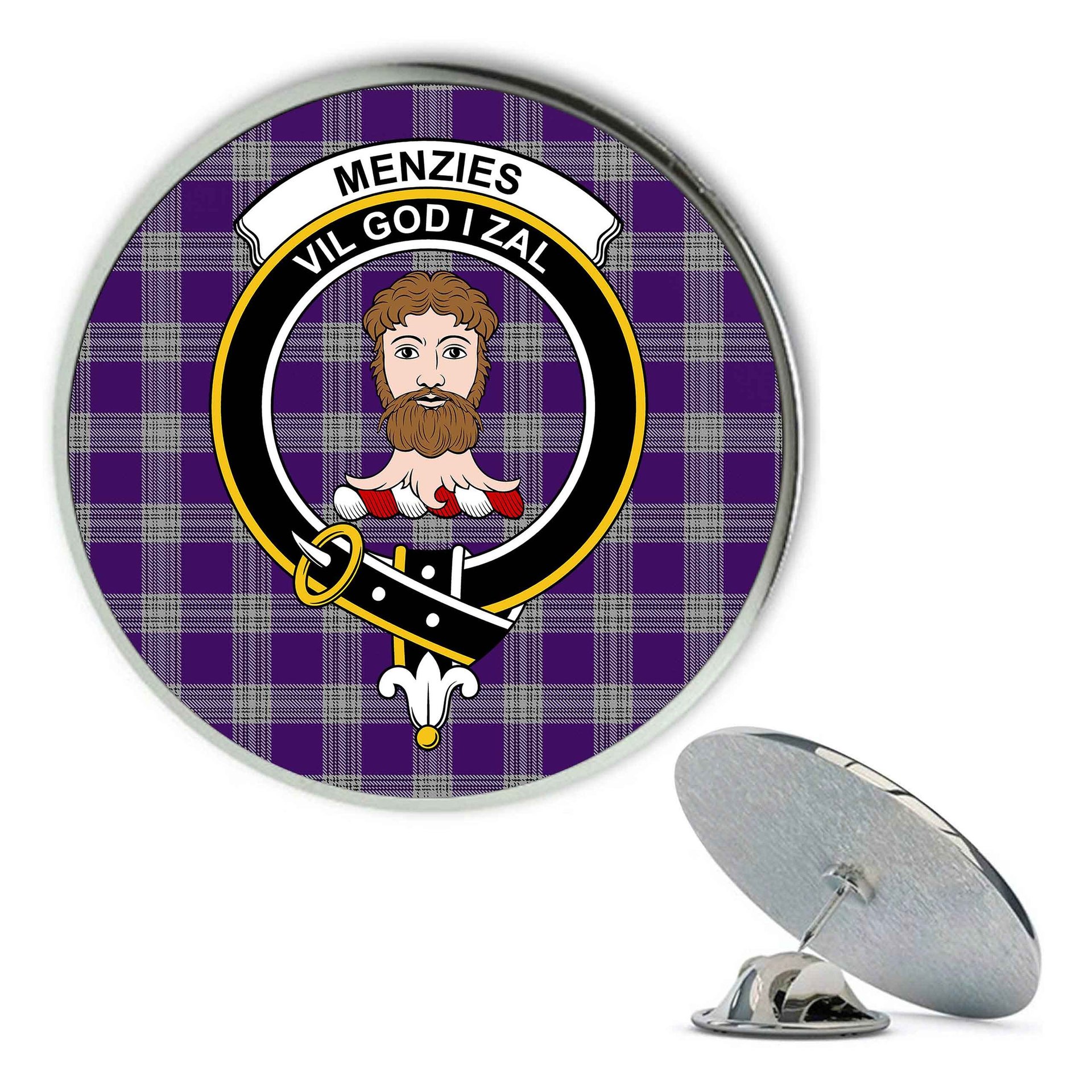 ScotsTee Shop Scottish Menzies Mauve and White Metal Tartan Lapel Pin Scottish Clan Crest Badge