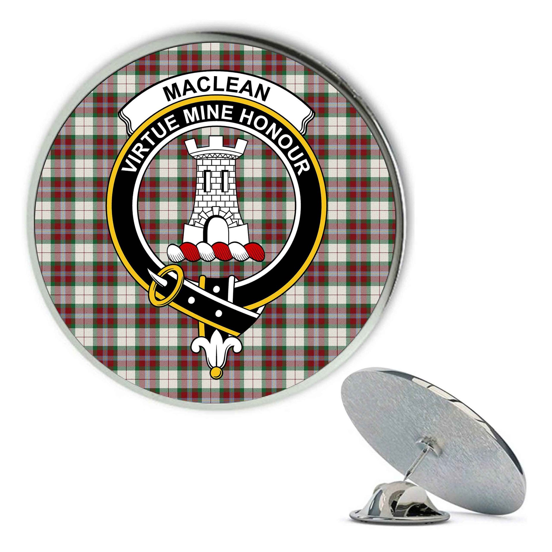 ScotsTee Shop Scottish MacLean Dress Ancient Metal Tartan Lapel Pin Scottish Clan Crest Badge
