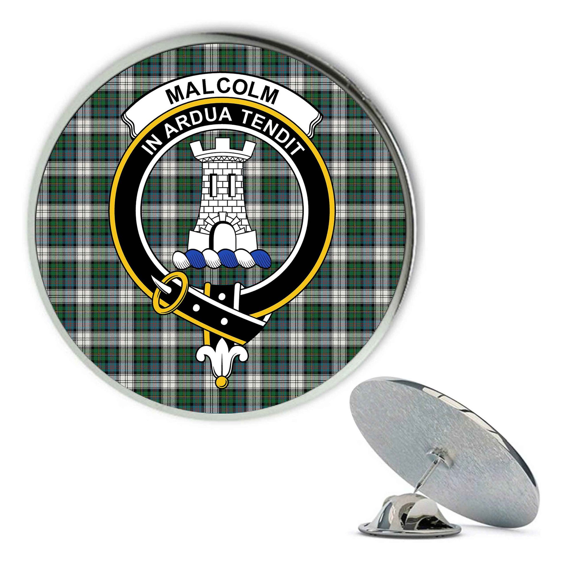 ScotsTee Shop Scottish Malcolm Dress Ancient Metal Tartan Lapel Pin Scottish Clan Crest Badge