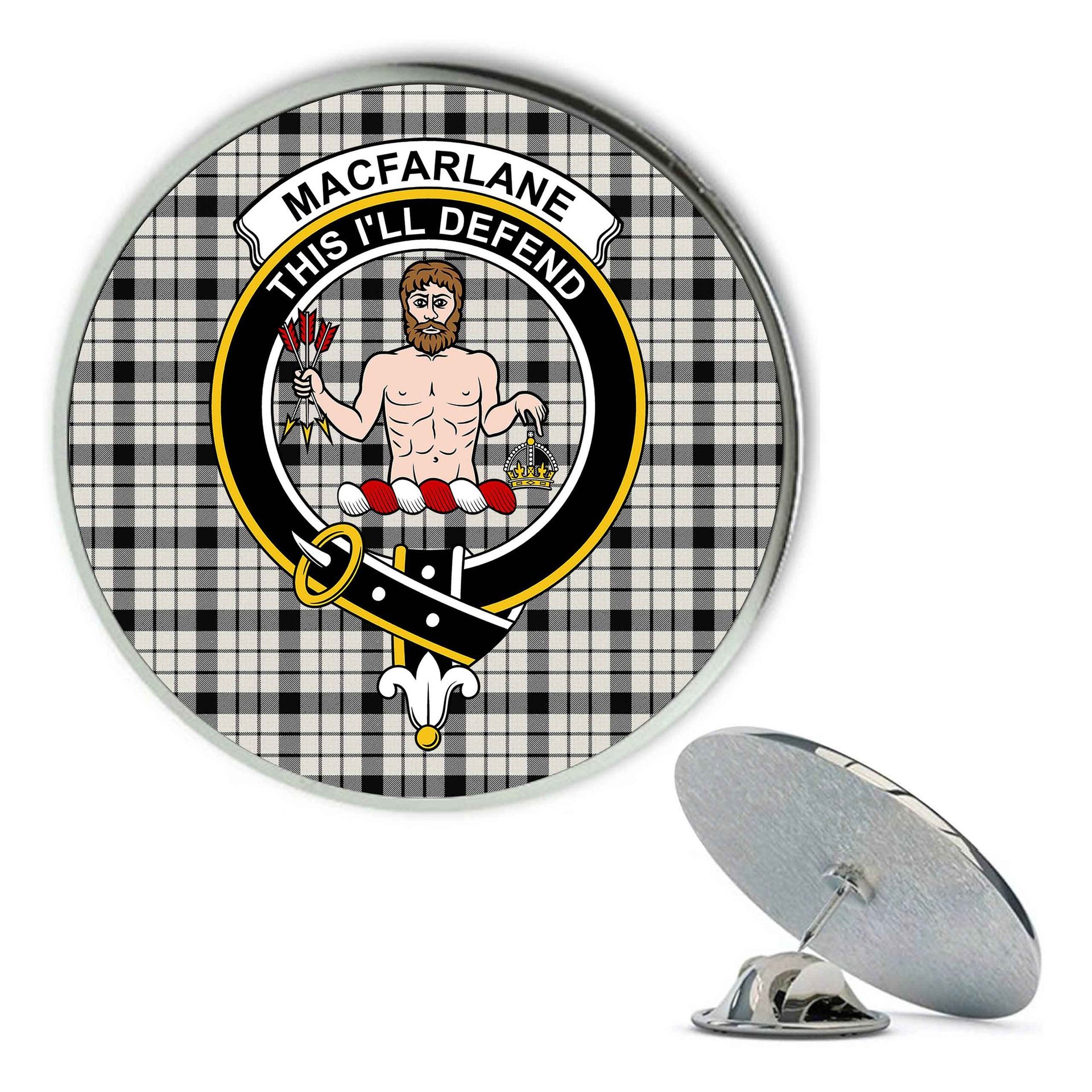 ScotsTee Shop Scottish MacFarlane Black White Modern Metal Tartan Lapel Pin Scottish Clan Crest Badge