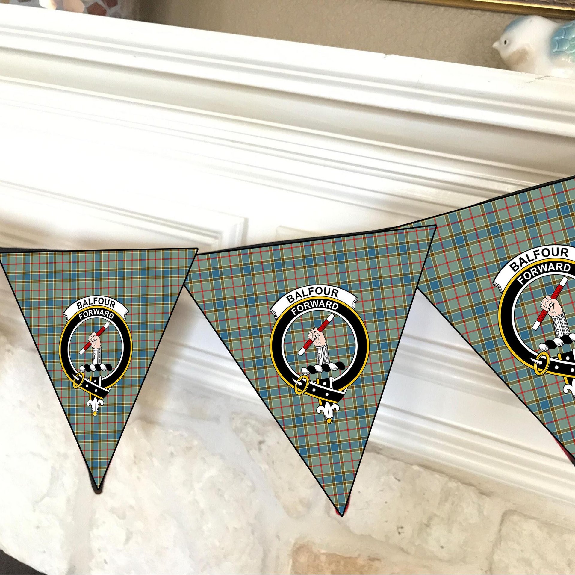 ScotsTee Shop Scottish Balfour Blue Crest Tartan Triangle Flags Tartan Bunting, Pennants (12pcs)