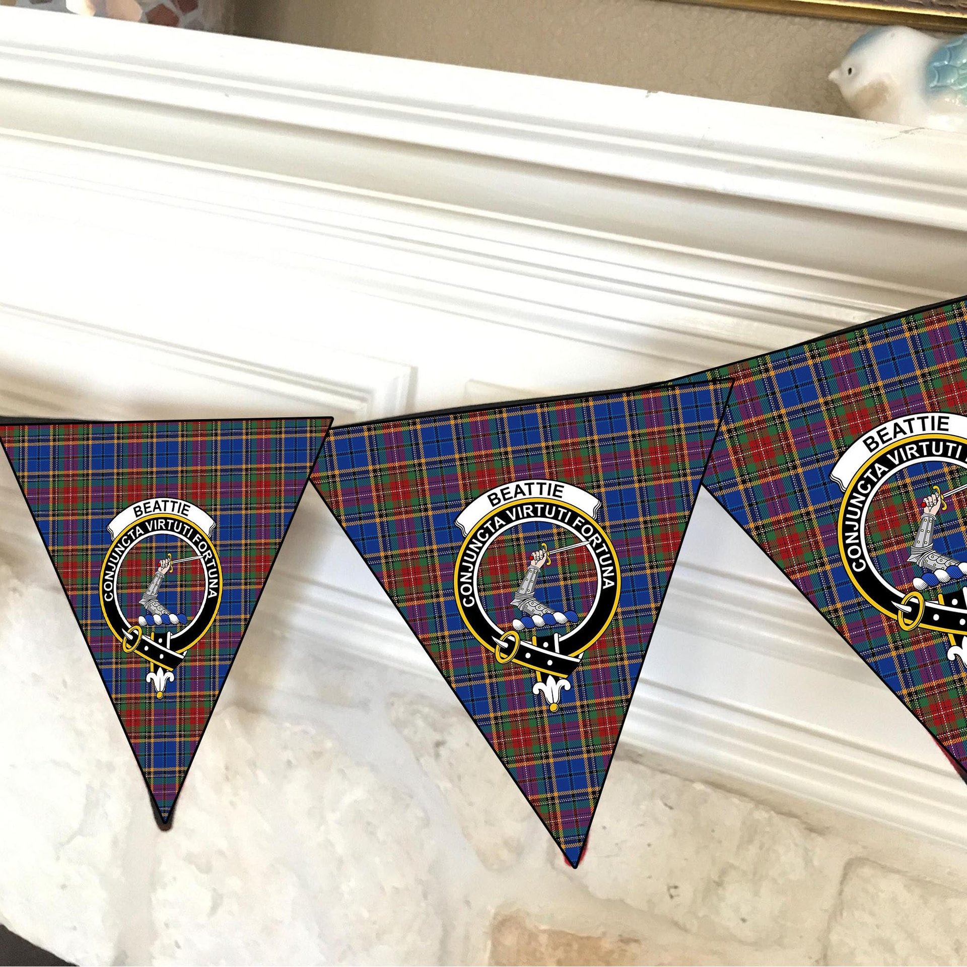 ScotsTee Shop Scottish Beattie (Beatty) Modern Crest Tartan Triangle Flags Tartan Bunting, Pennants (12pcs)