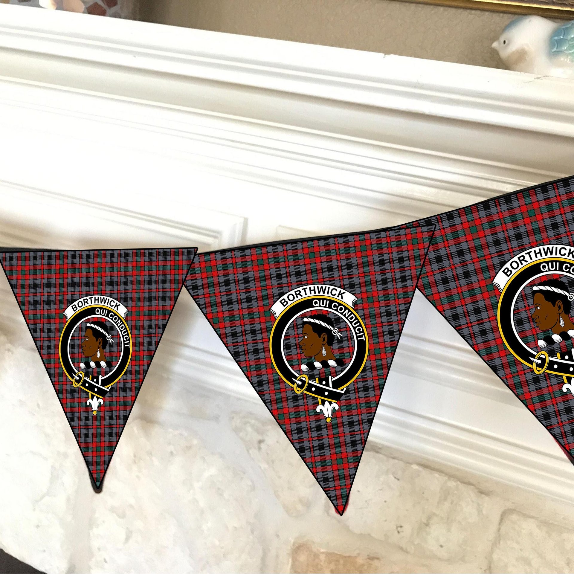 ScotsTee Shop Scottish Borthwick Modern Crest Tartan Triangle Flags Tartan Bunting, Pennants (12pcs)