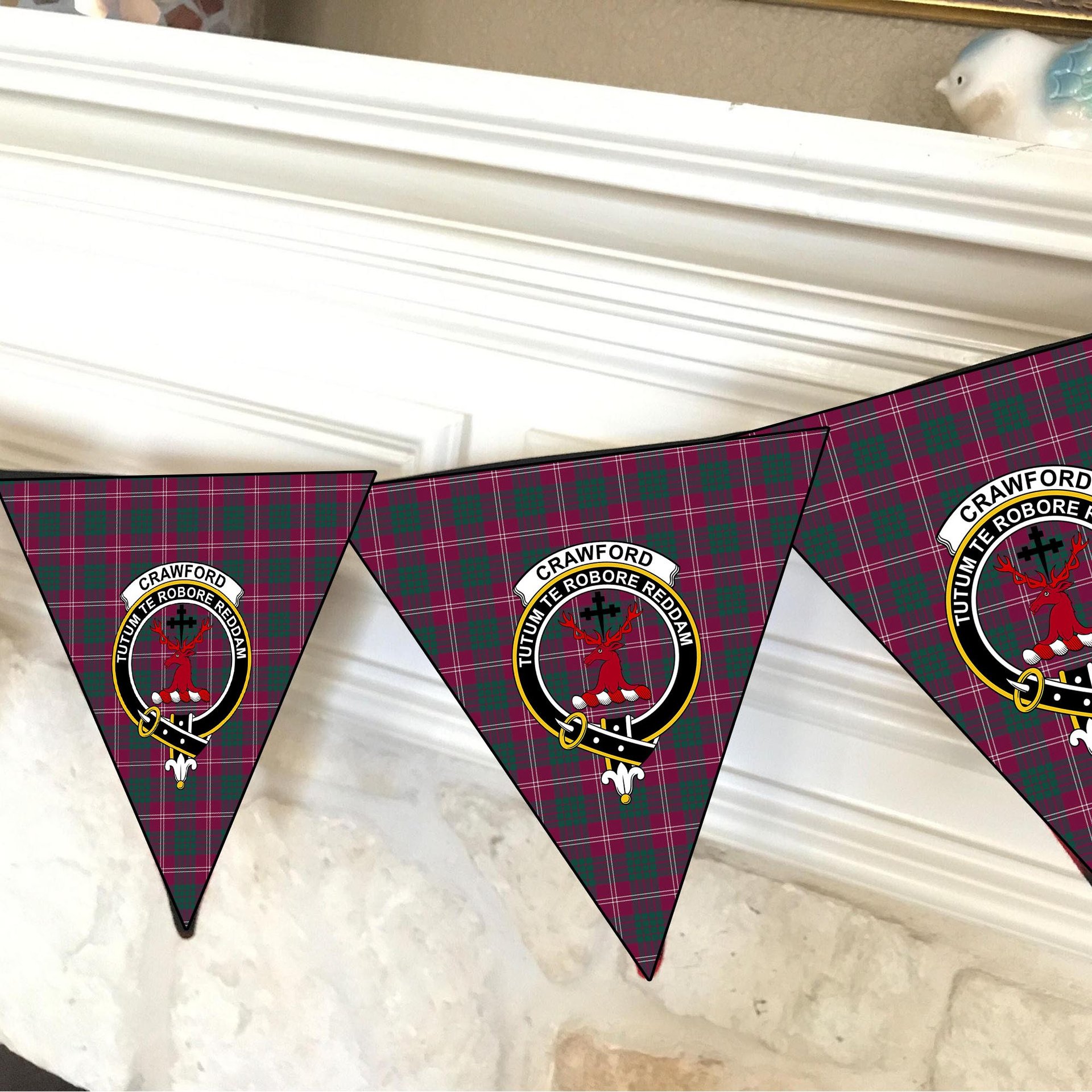 ScotsTee Shop Scottish Crawford Red Modern Crest Tartan Triangle Flags Tartan Bunting, Pennants (12pcs)