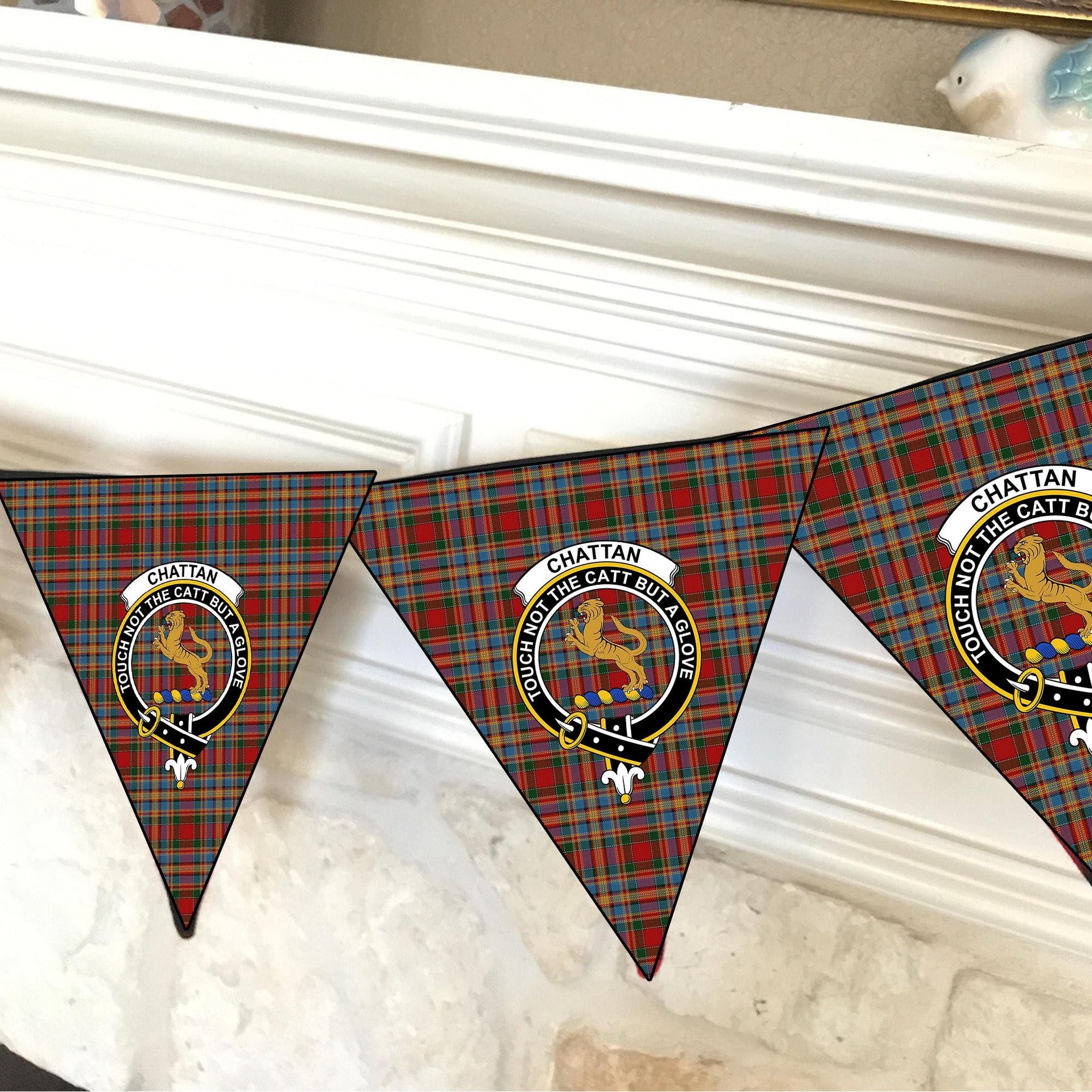 ScotsTee Shop Scottish Chattan brown stripe variation Crest Tartan Triangle Flags Tartan Bunting, Pennants (12pcs)