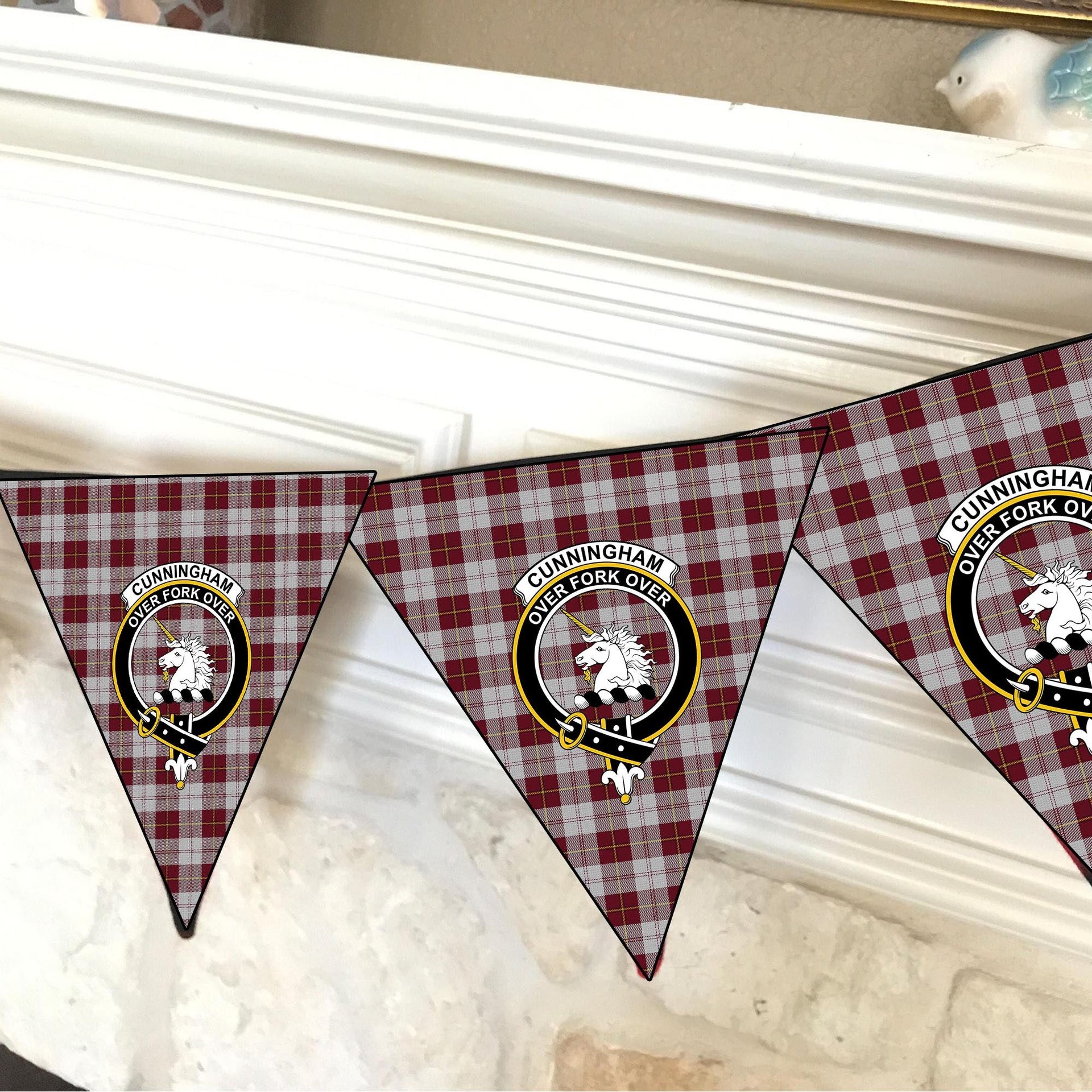ScotsTee Shop Scottish Cunningham Dress Burgundy Dance Crest Tartan Triangle Flags Tartan Bunting, Pennants (12pcs)