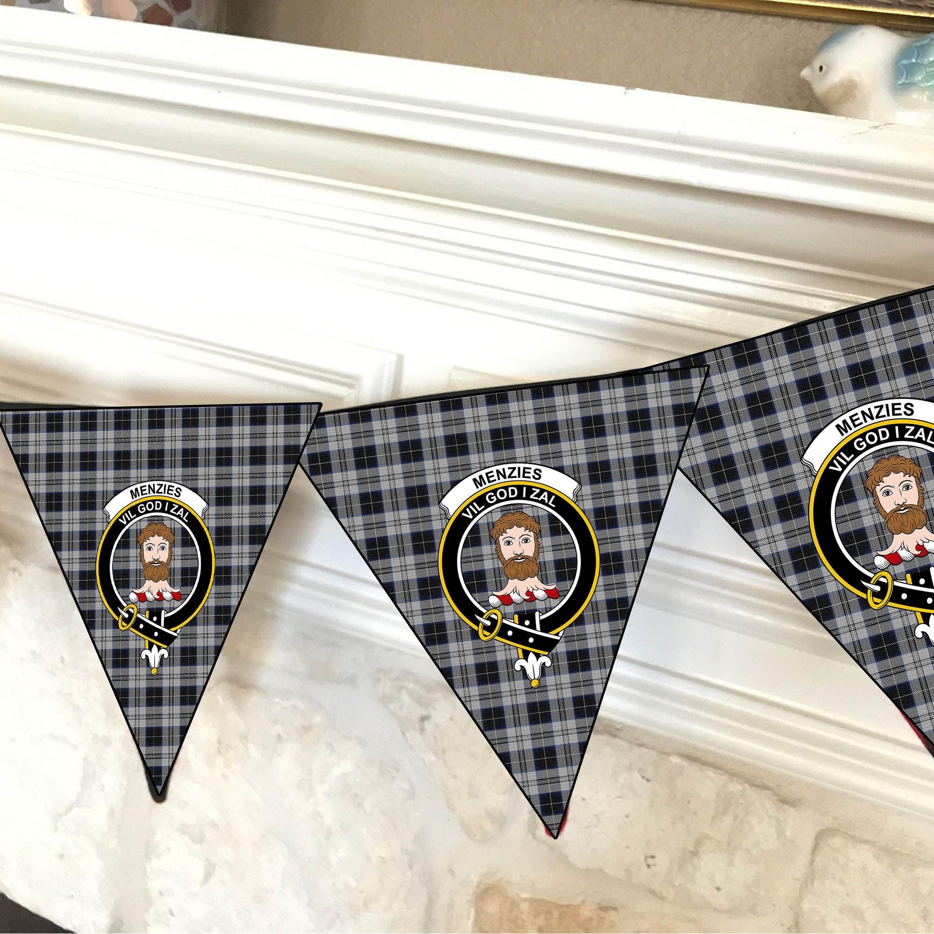 ScotsTee Shop Scottish Menzies Black Dress Crest Tartan Triangle Flags Tartan Bunting, Pennants (12pcs)