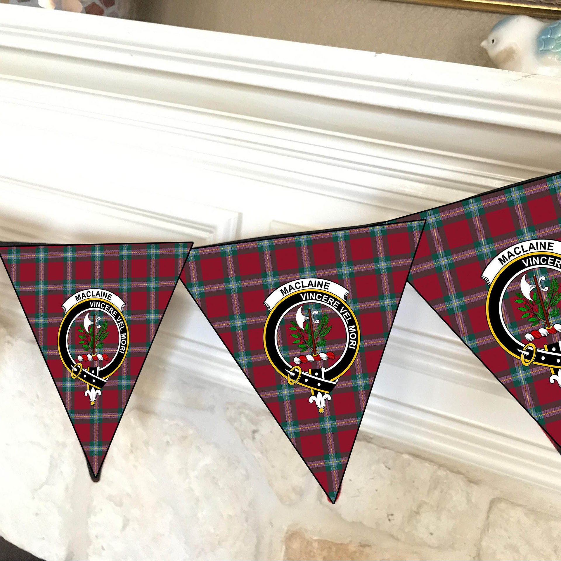 ScotsTee Shop Scottish MacLaine of Loch Buie Modern Crest Tartan Triangle Flags Tartan Bunting, Pennants (12pcs)