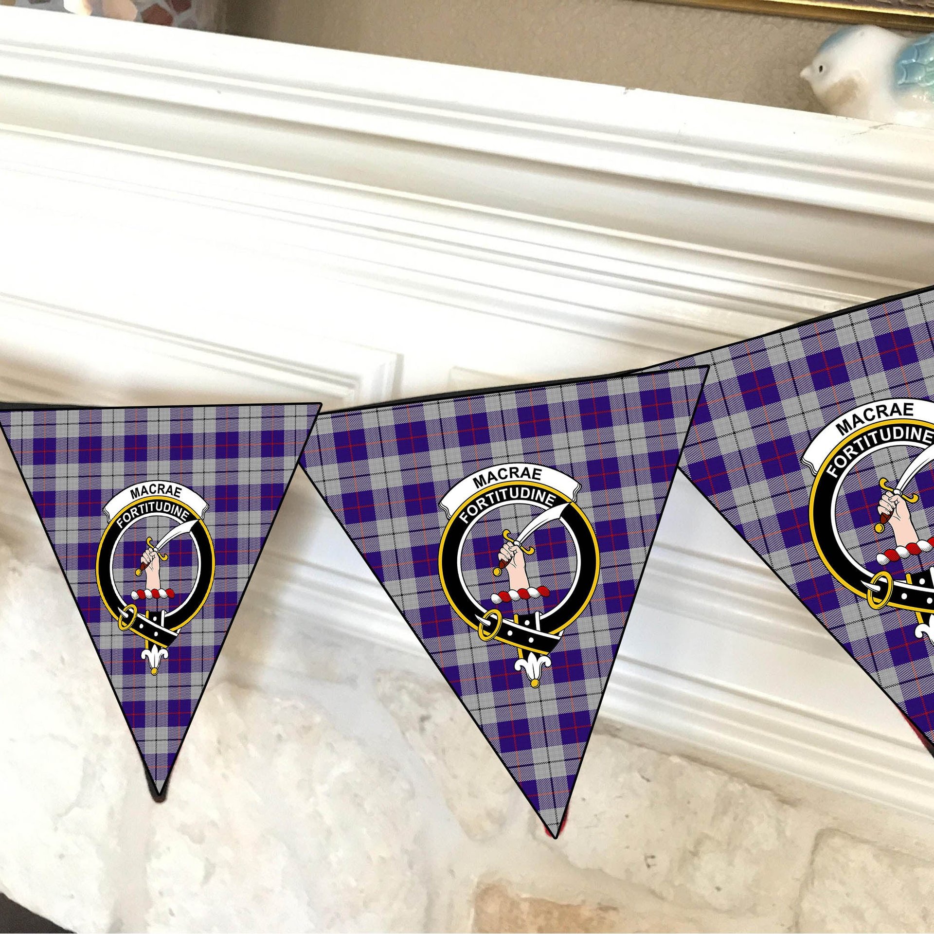 ScotsTee Shop Scottish MacRae Dress Purple 1 Crest Tartan Triangle Flags Tartan Bunting, Pennants (12pcs)