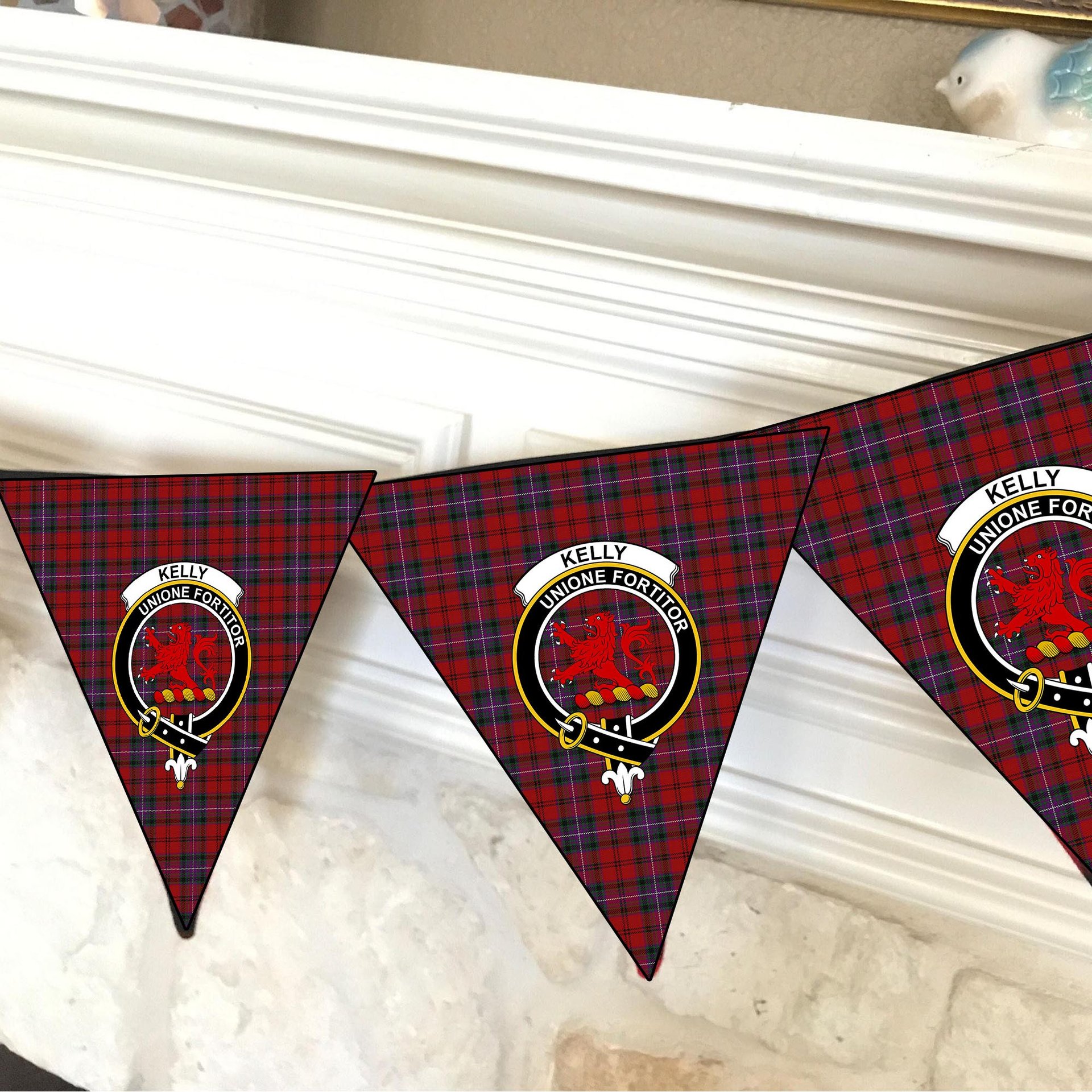 ScotsTee Shop Scottish Kelly of Sleat Red Crest Tartan Triangle Flags Tartan Bunting, Pennants (12pcs)