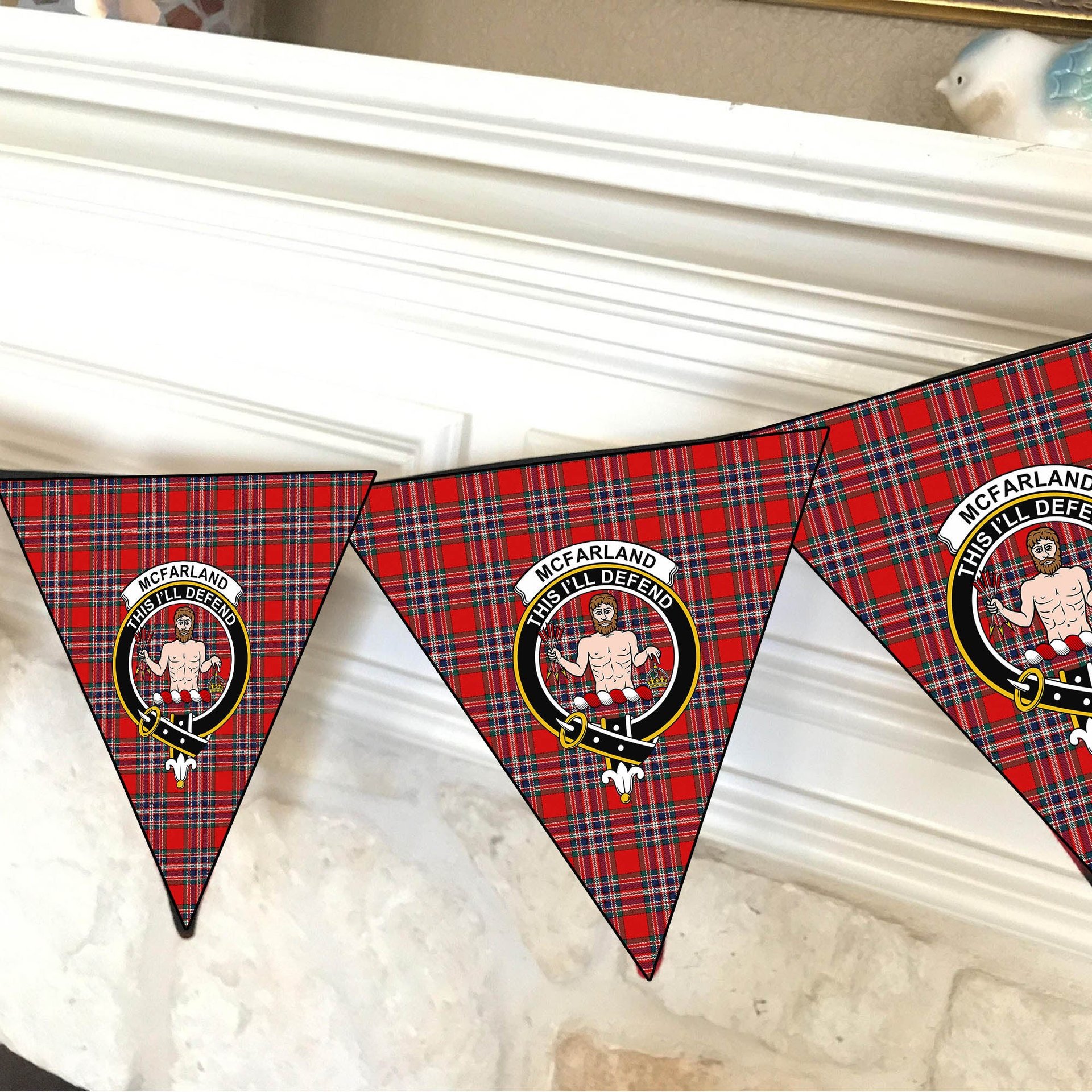 ScotsTee Shop Scottish McFarland Red Modern Crest Tartan Triangle Flags Tartan Bunting, Pennants (12pcs)