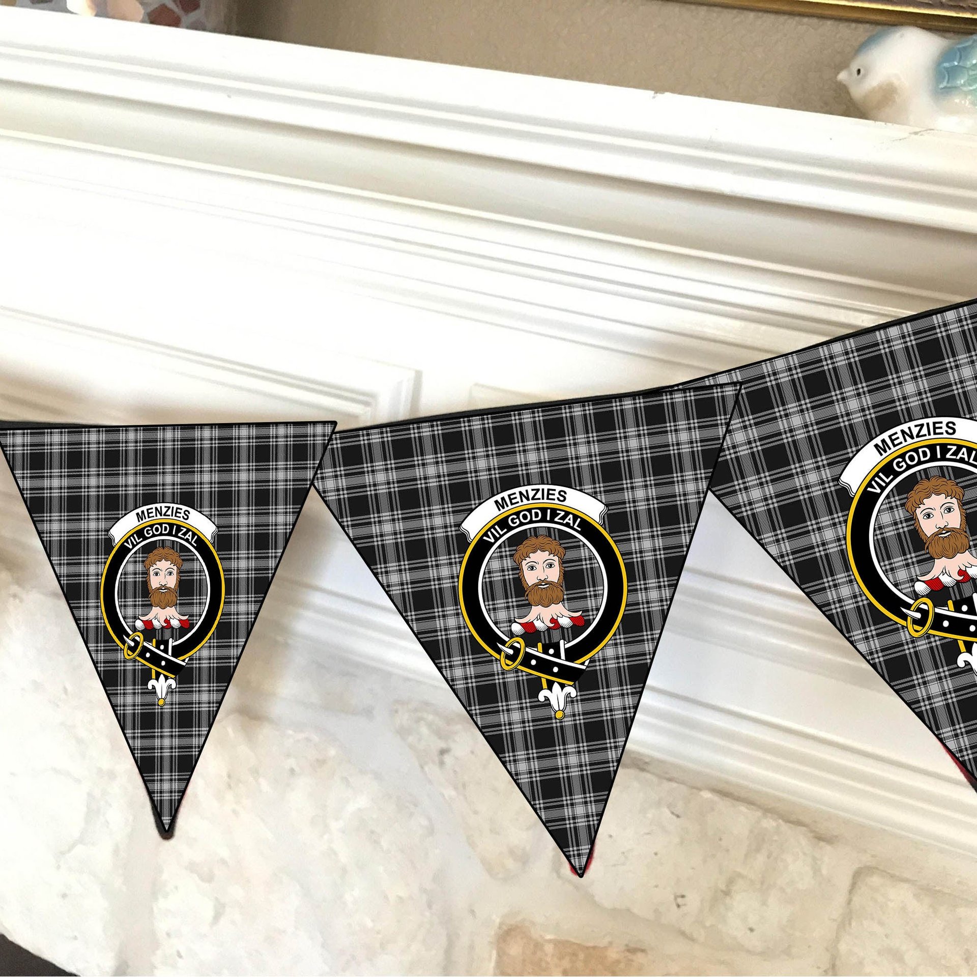 ScotsTee Shop Scottish Menzies 1938 Crest Tartan Triangle Flags Tartan Bunting, Pennants (12pcs)