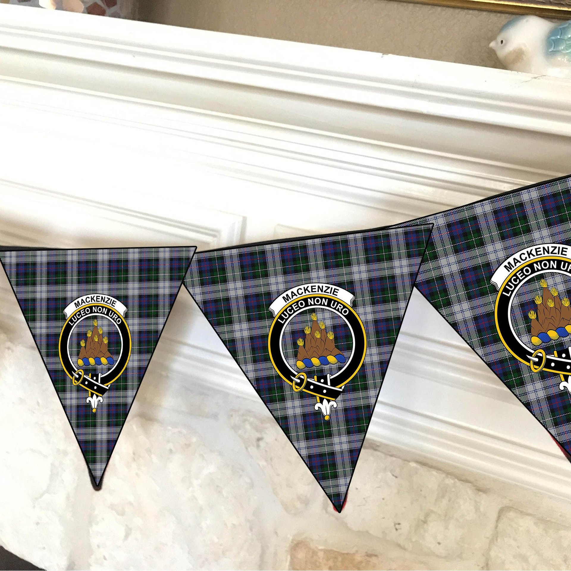 ScotsTee Shop Scottish MacKenzie Dress 4 Crest Tartan Triangle Flags Tartan Bunting, Pennants (12pcs)