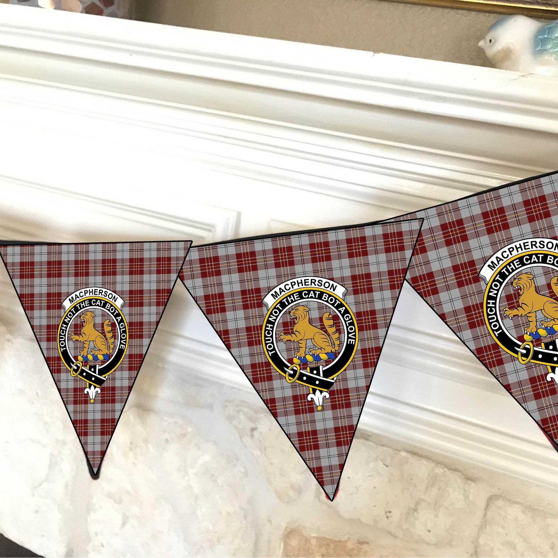 ScotsTee Shop Scottish MacPherson Dress Burgundy Dance Crest Tartan Triangle Flags Tartan Bunting, Pennants (12pcs)